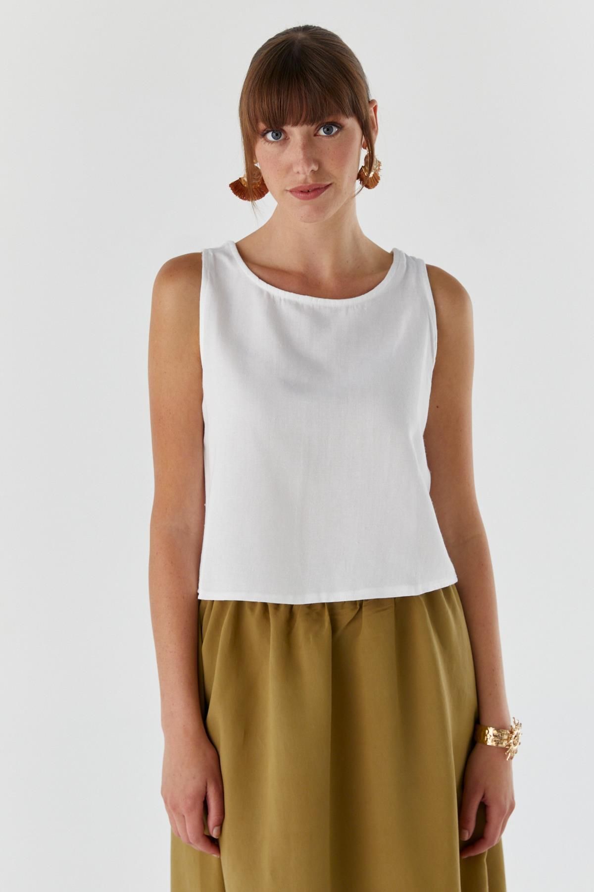 Shopping Shop Askılı Keten Bluz EKRU