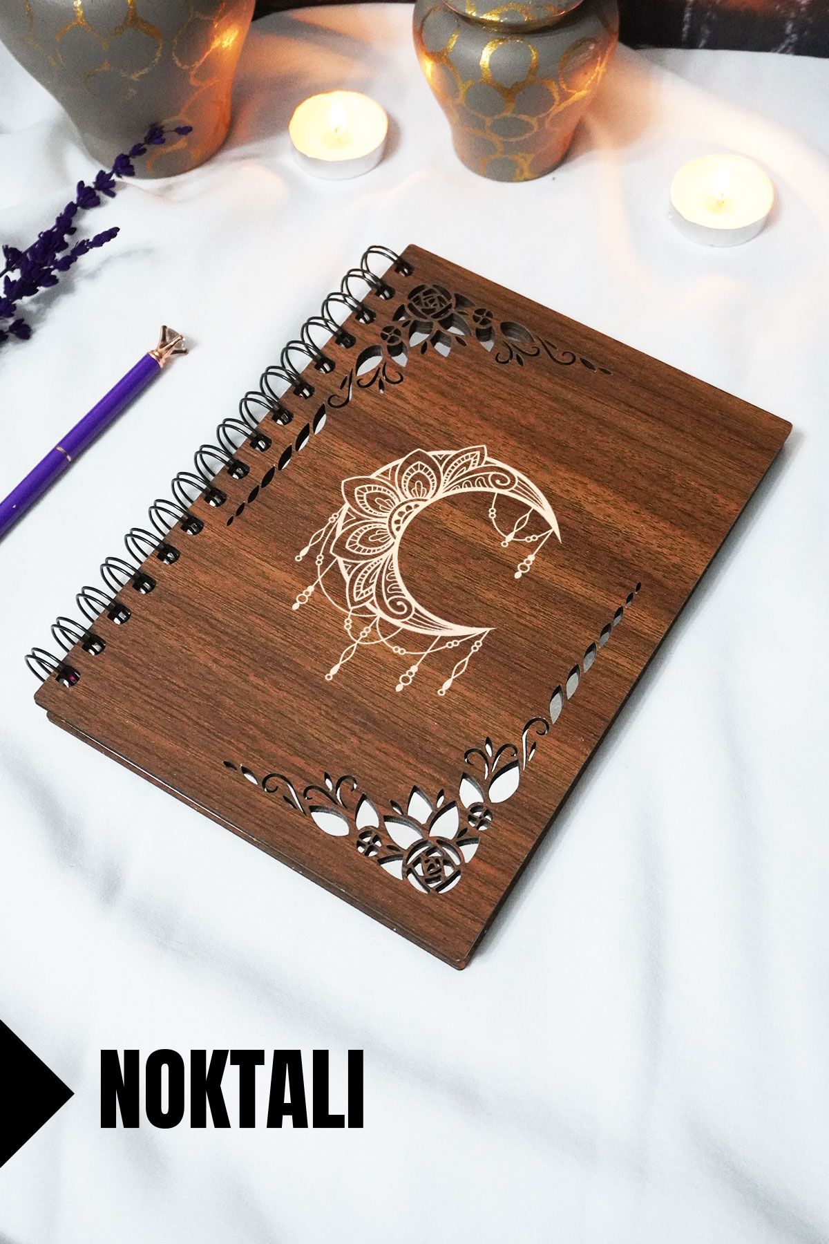 markcat Ay Mandala Ahşap Kapaklı Okul Defteri - Çizgili Defter - 60 yaprak (120 sayfa) - A5 15x21 cm