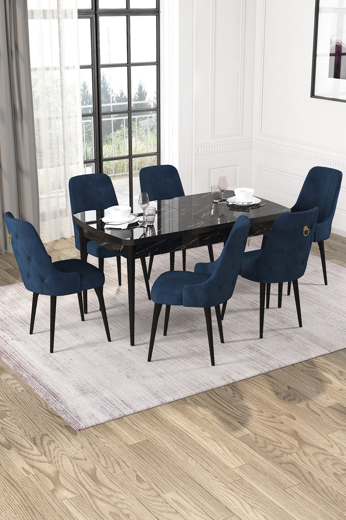 Hira Wessa Serisi 80x132 Açılabilir MDF Siyah Mermer Desen Masa Takımı 6 Lacivert Sandalye