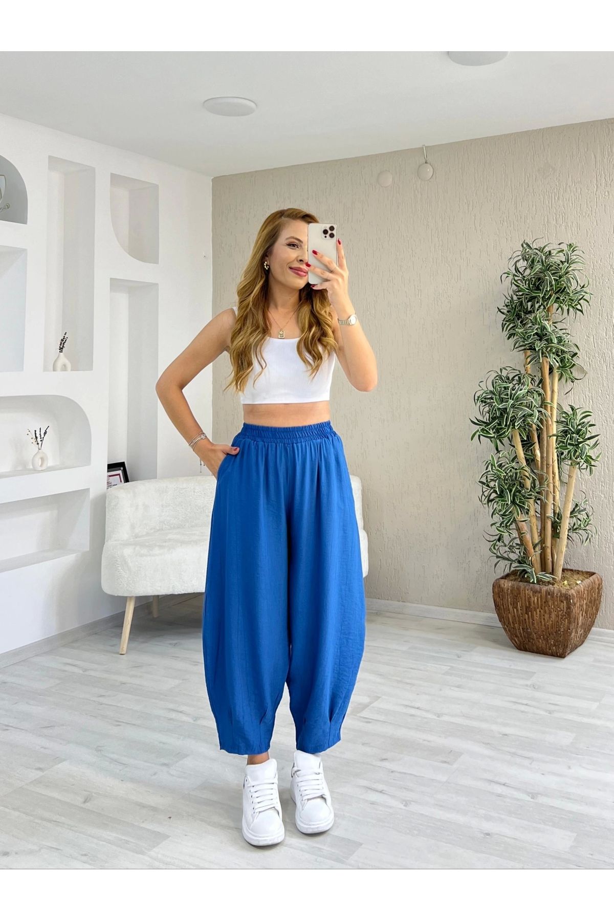 İrka Moda Dokuma Çilek Kumaş Şalvar Mavi