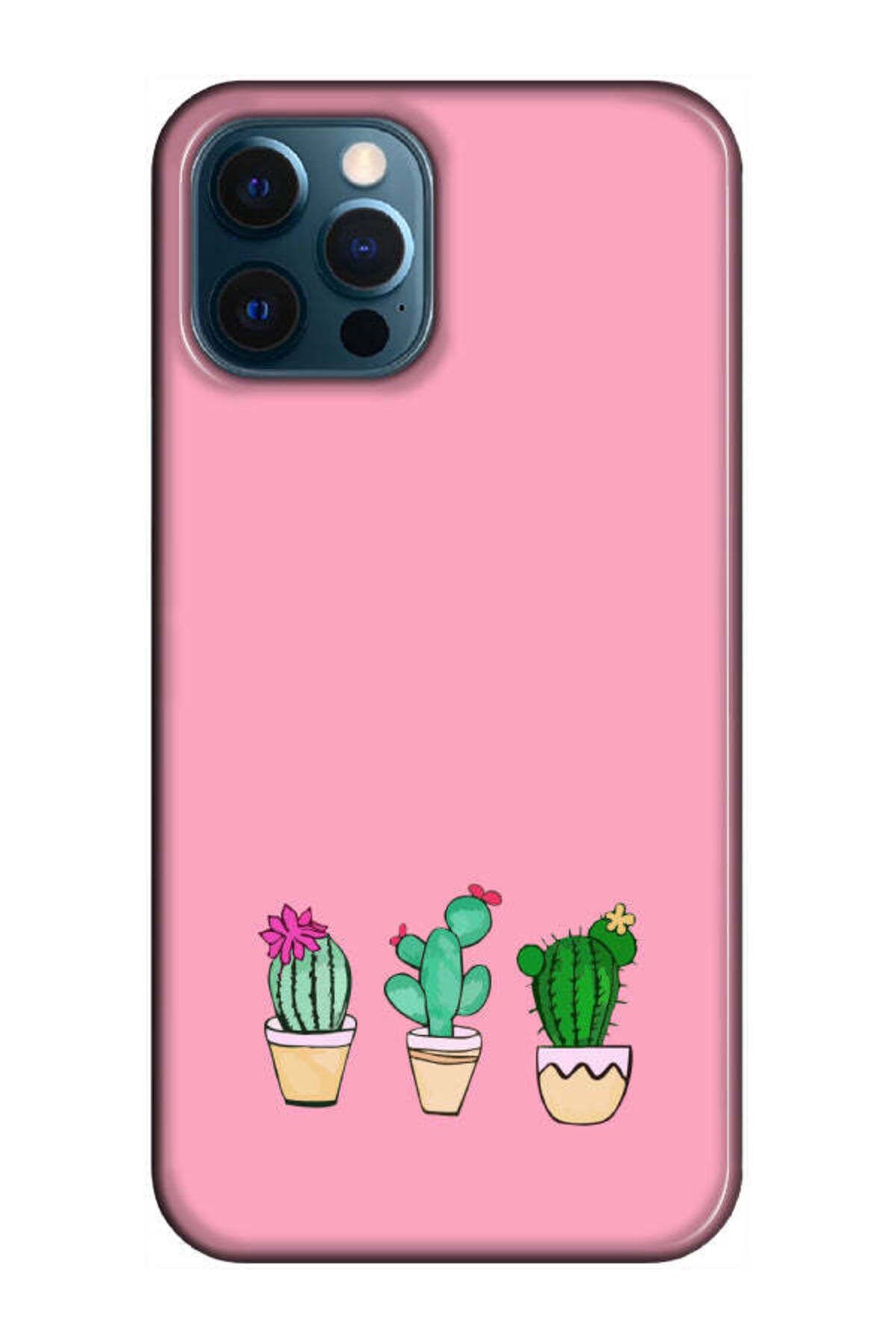 frondcase iPhone 12 Pro Max Kaktüs Desenli Pembe Telefon Kılıfı