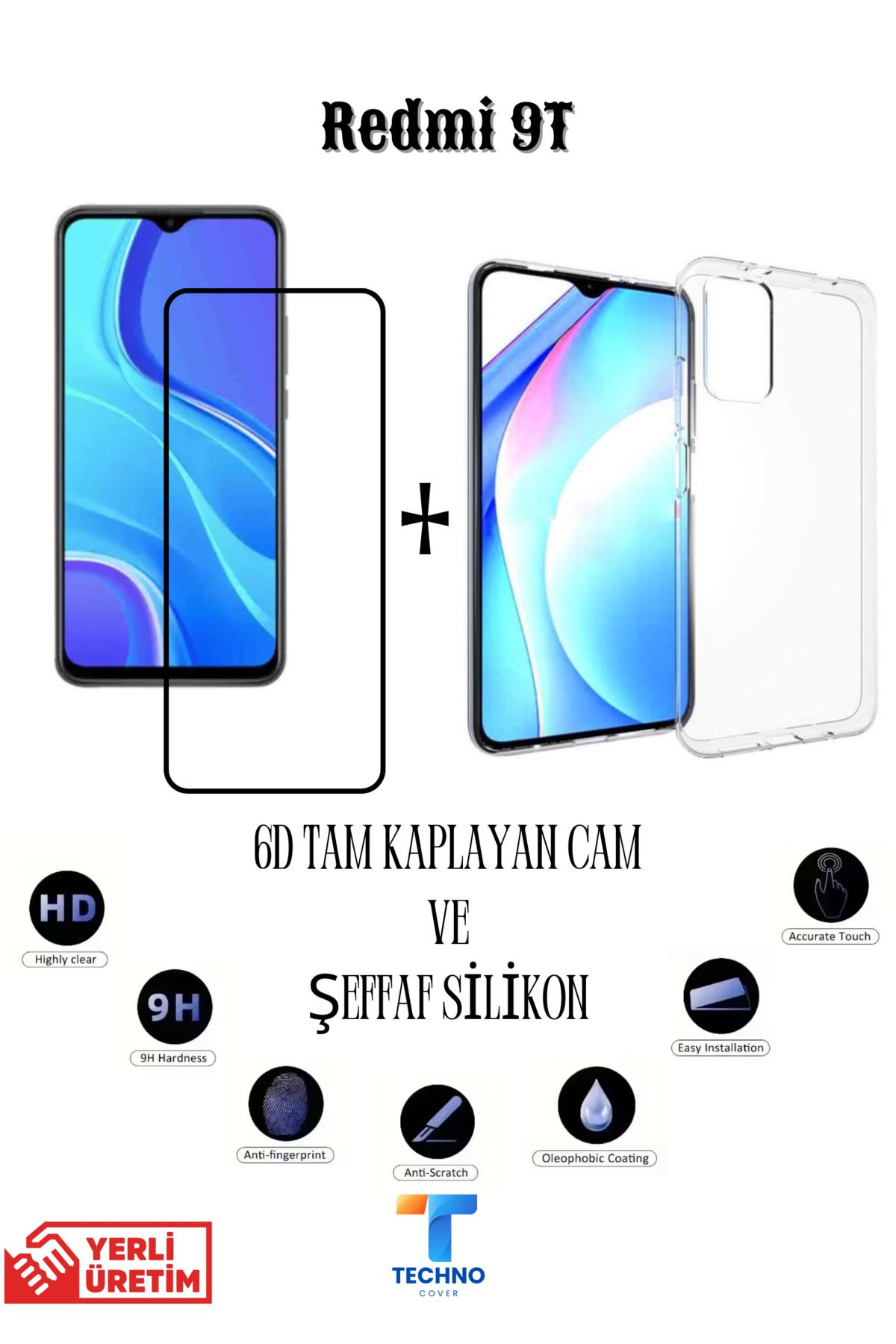 foxpower Redmi 9T 6D Tam Kaplayan Ekran Koruyucu ve Şeffaf Kılıf 2li Avantajlı Paket