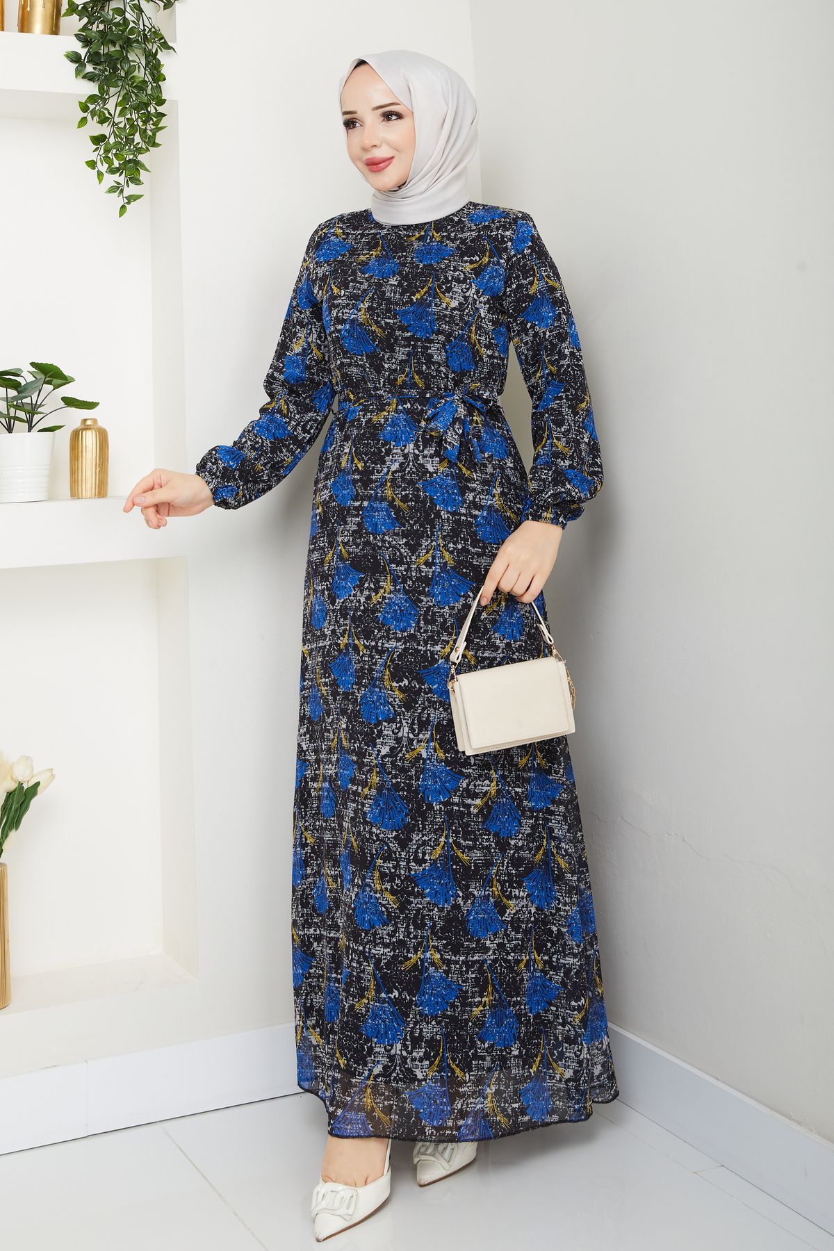 Sakara Collection tesettür elbise kuşaklı mevsimlik kadın astarlı şifon boydan kol lastikli desenli