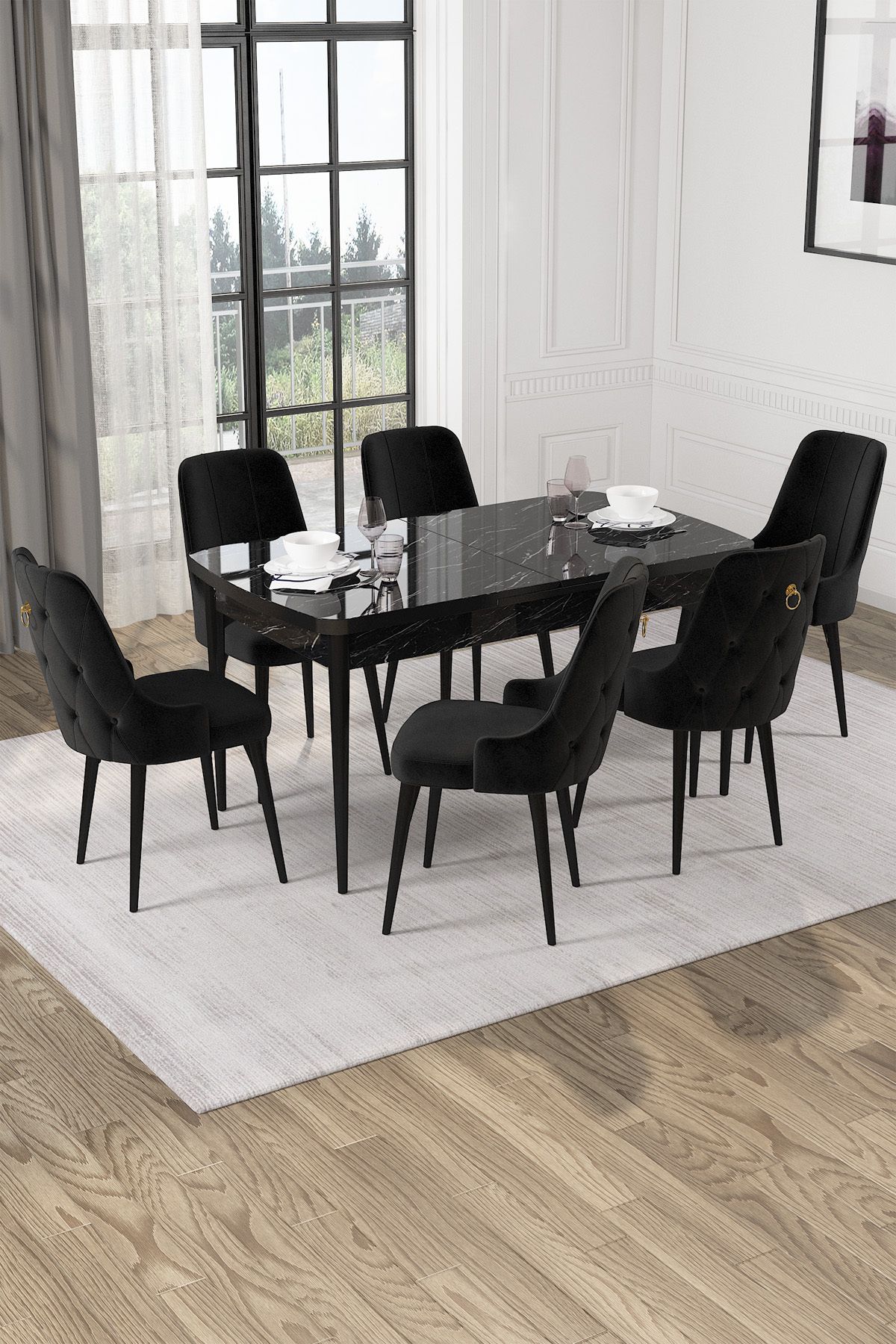 Hira Wessa Serisi 80x132 Açılabilir MDF Siyah Mermer Desen Masa Takımı 6 Siyah Sandalye