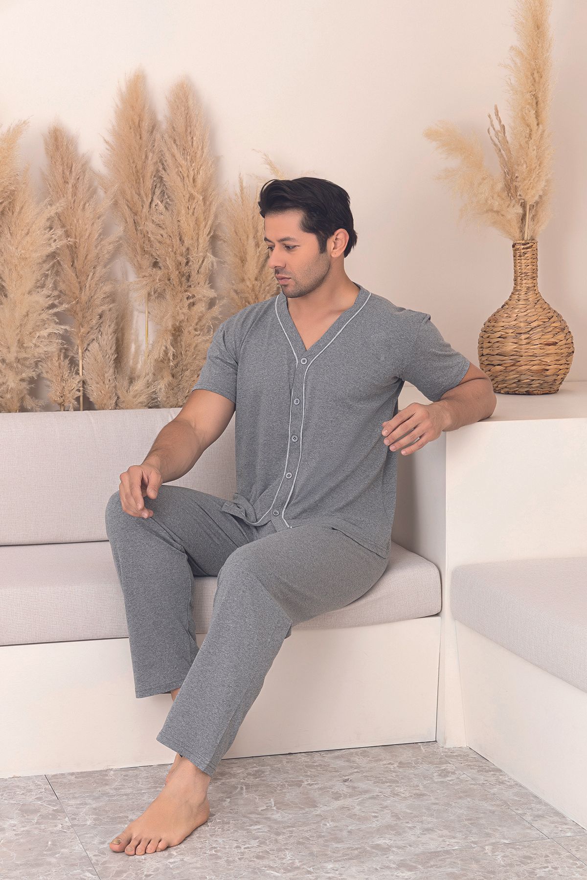 Sude HOMEWEAR ERKEK BİYELİ KISA KOL GÖMLEK PİJAMA TAKIMI