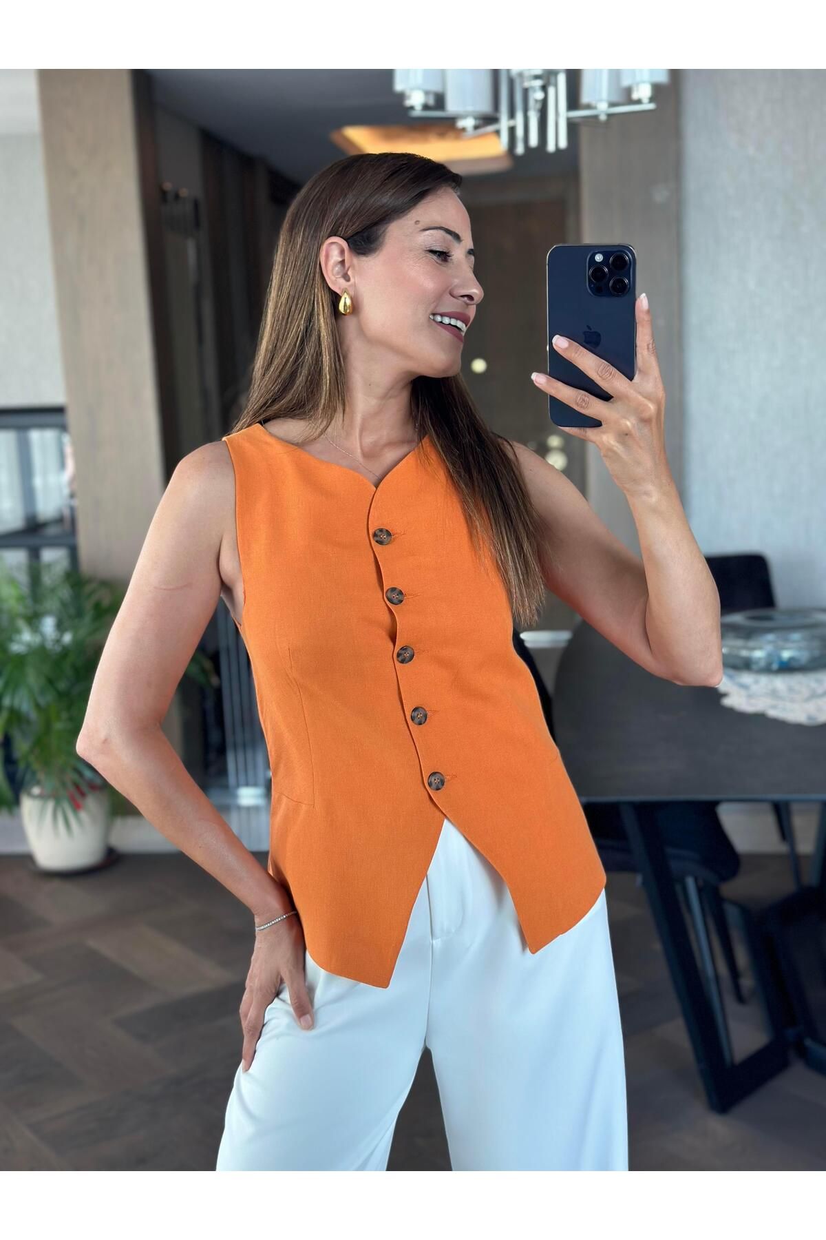 Forlady Butik Turuncu Keten Beş Düğmeli Astarlı Kadın Yelek