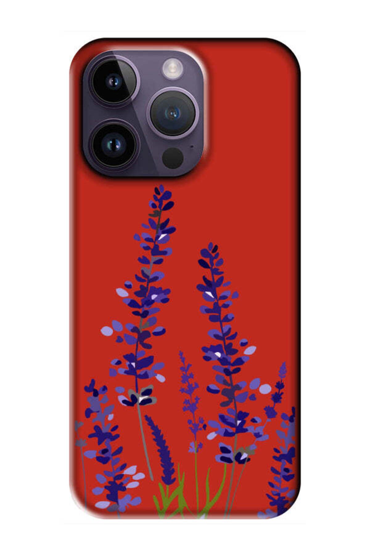 frondcase iPhone 14 Pro Max Lavanta Desenli Kırmızı Telefon Kılıfı