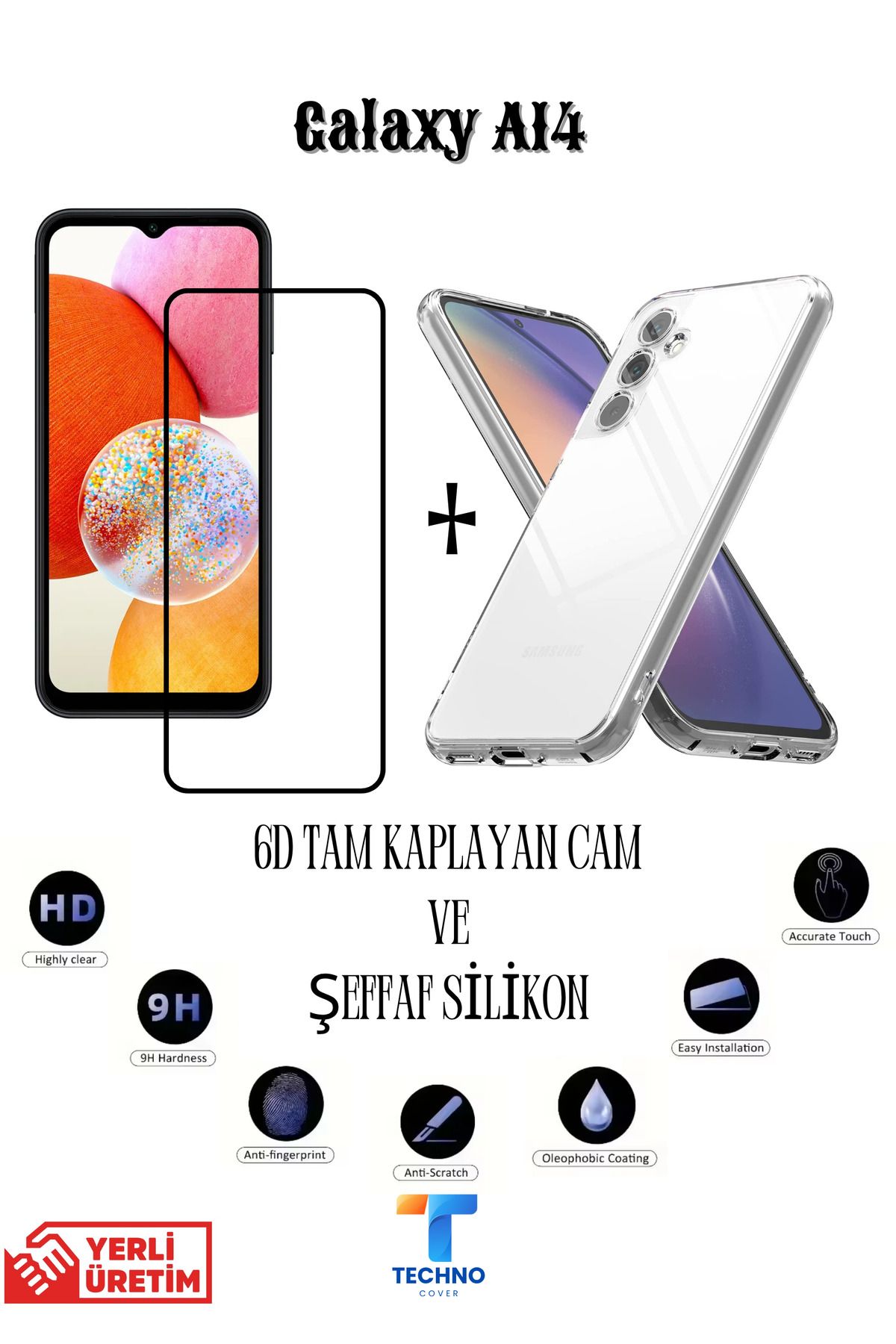 foxpower Samsung A14 6D Tam Kaplayan Ekran Koruyucu ve Şeffaf Kılıf 2li Avantajlı Paket