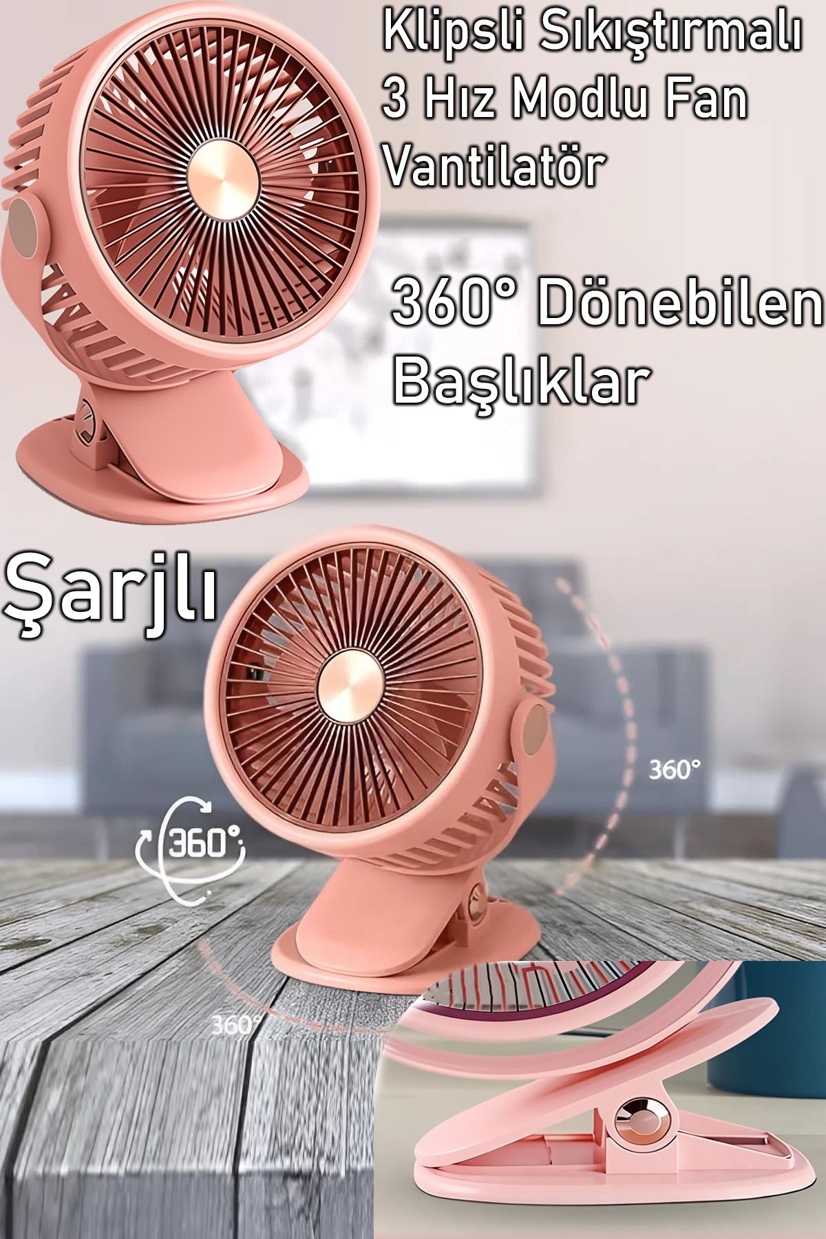 nextbuy Şarjlı Masaüstü Klipsli Döner Oynar Başlıklı 3 Hız Modu Turbo Fan Soğutucu Vantilatör Pembe ZB125