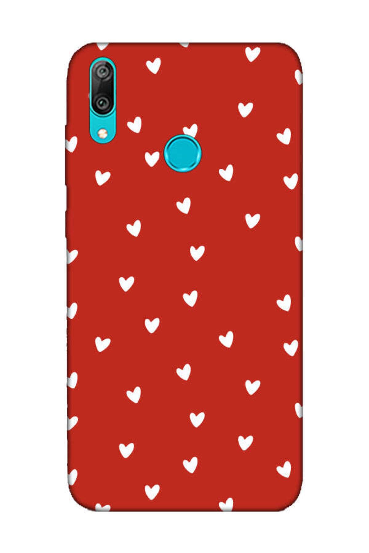 frondcase Huawei Y7 2019 Küçük Kalpler Kırmızı Telefon Kılıfı