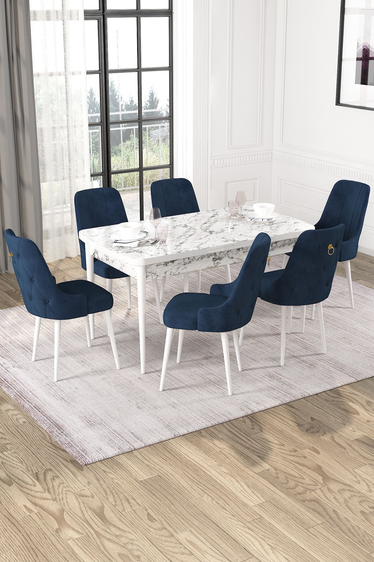 Hira Wessa Serisi 80x132 Açılabilir MDF Beyaz Mermer Desen Masa Takımı 6 Lacivert Sandalye