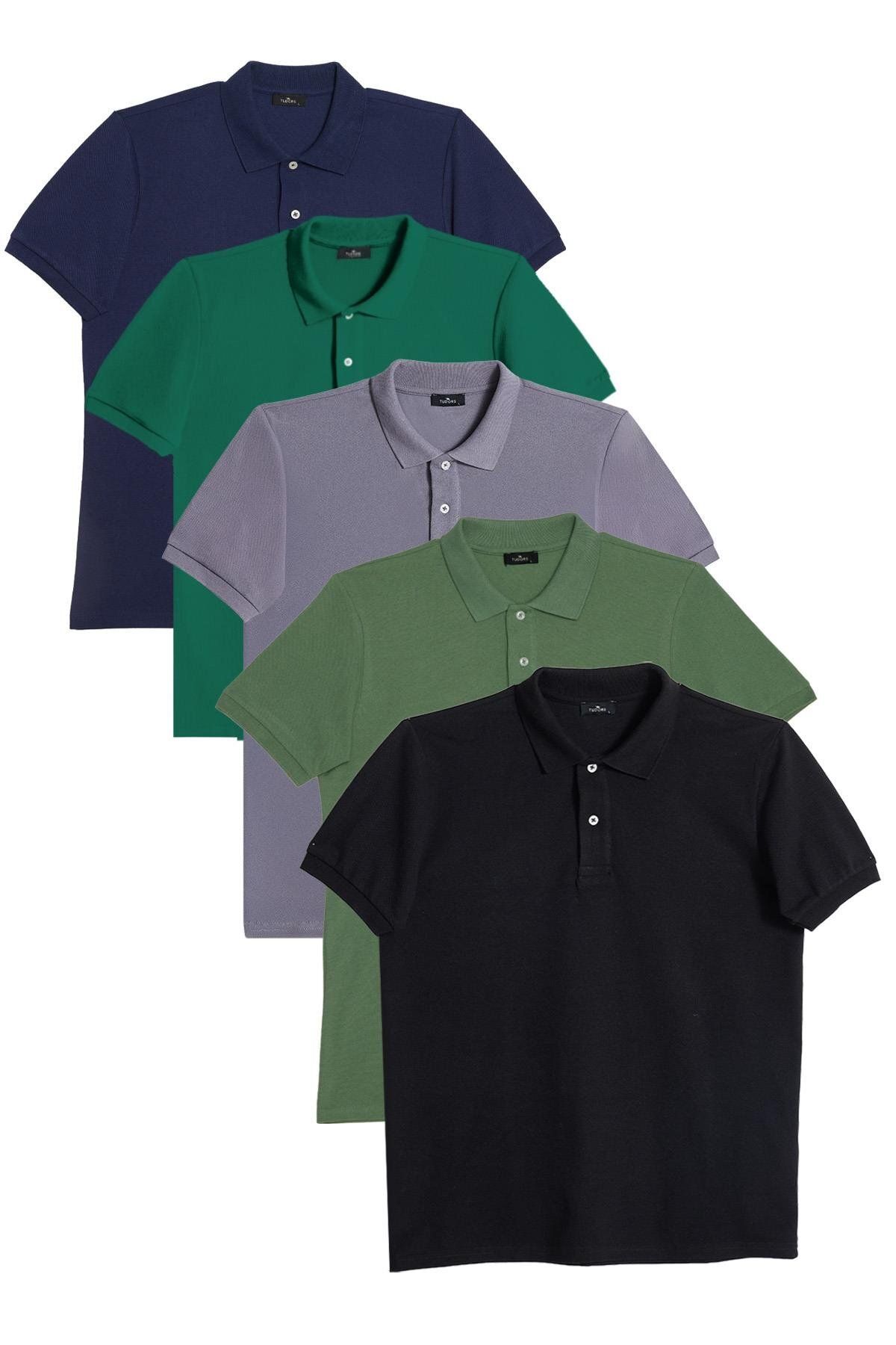 Tudors Erkek 5'li Paket Gri-Açık Yeşil-Lacivert-Yeşil-Siyah Slim Fit Pamuklu Düz Pike Polo Yaka Tişört