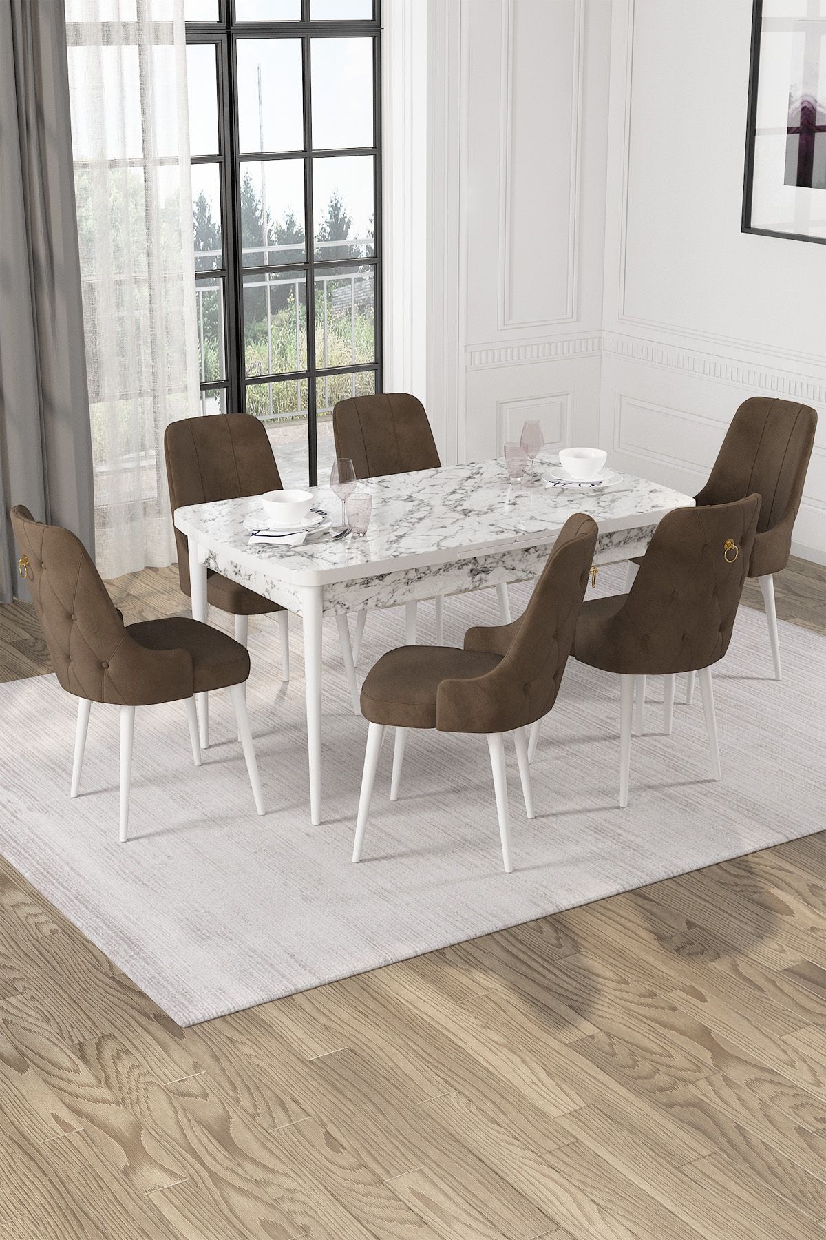 Hira Wessa Serisi 80x132 Açılabilir MDF Beyaz Mermer Desen Masa Takımı 6 Kahve Sandalye