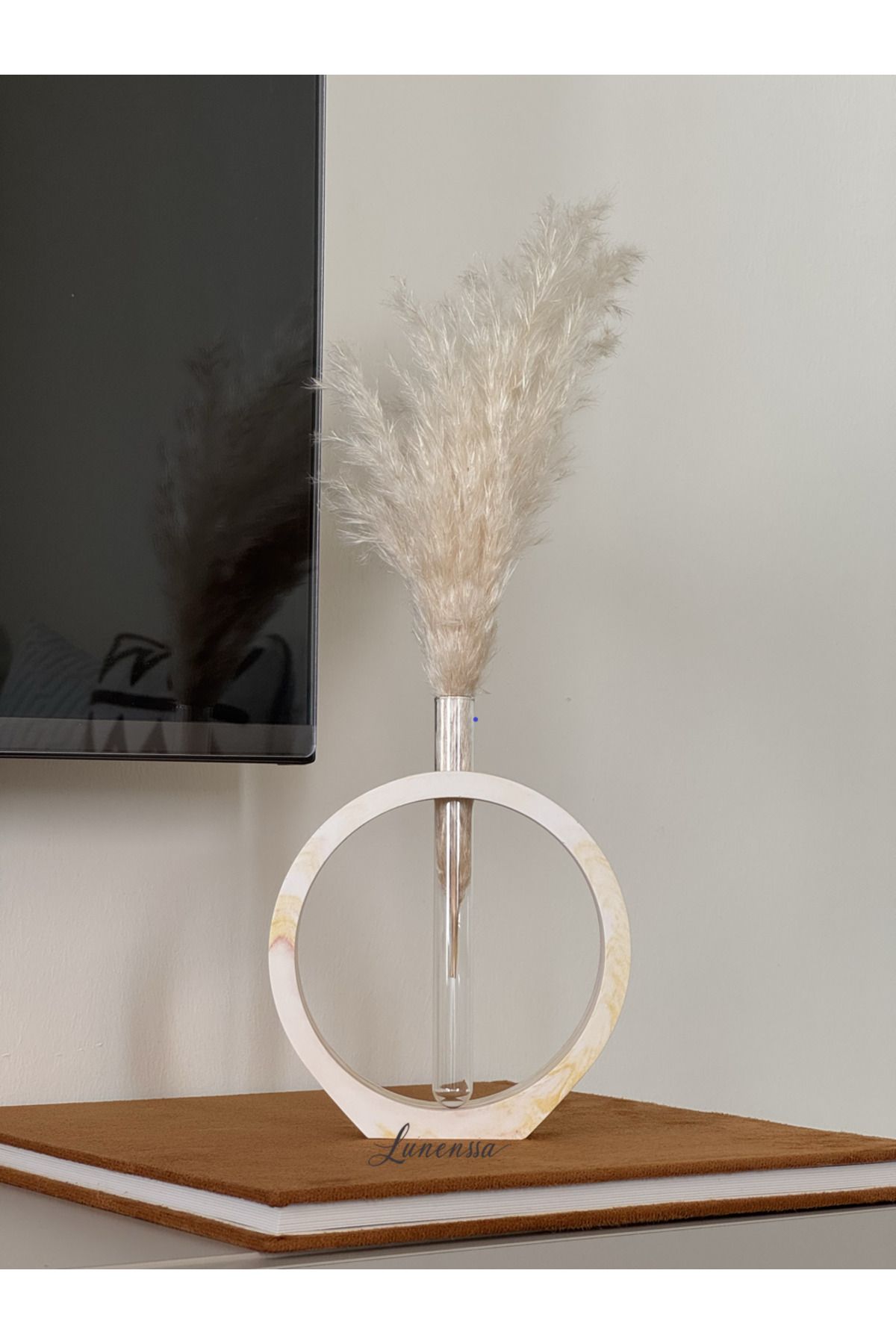 lunenssa Kahve-Sarı Mermer Desenli Daire Form Cam Tüplü Vazo Minimal Kuru/Islak Çiçek Vazosu
