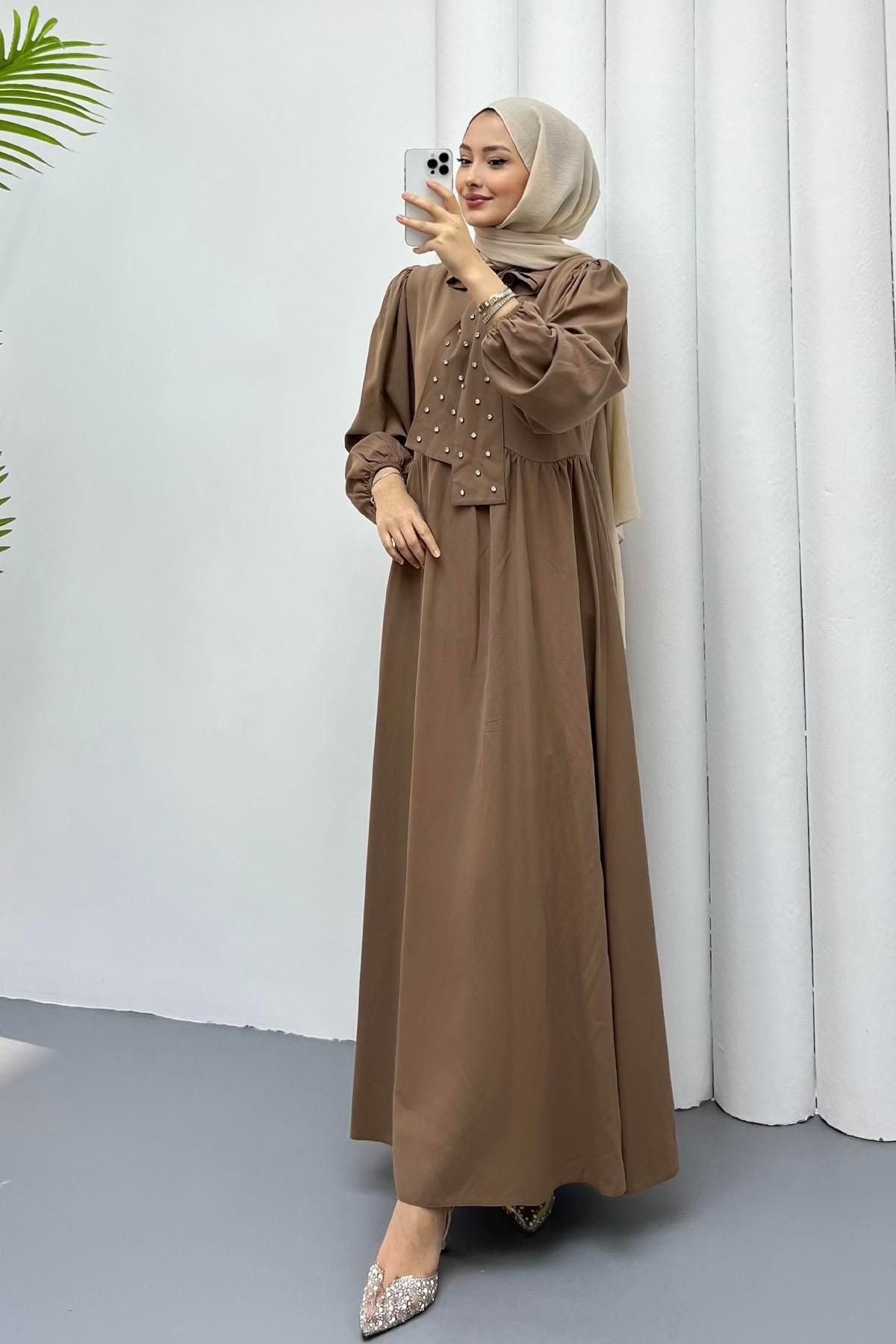 Modaensarbutik Fuları Taş Detay Tesettür Elbise-KAHVERENGİ