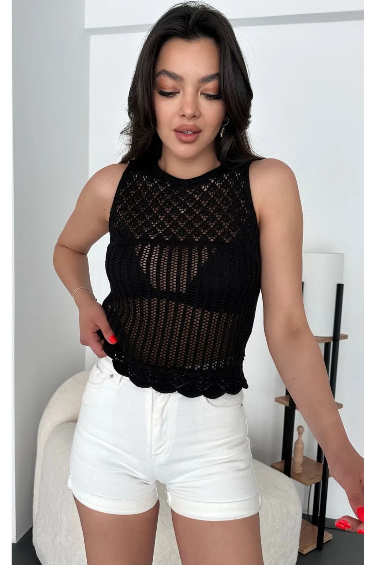 Noi Belis Sıfır Kol Ajurlu/Delikli İnce Yazlık Bluz SS25BZ0024