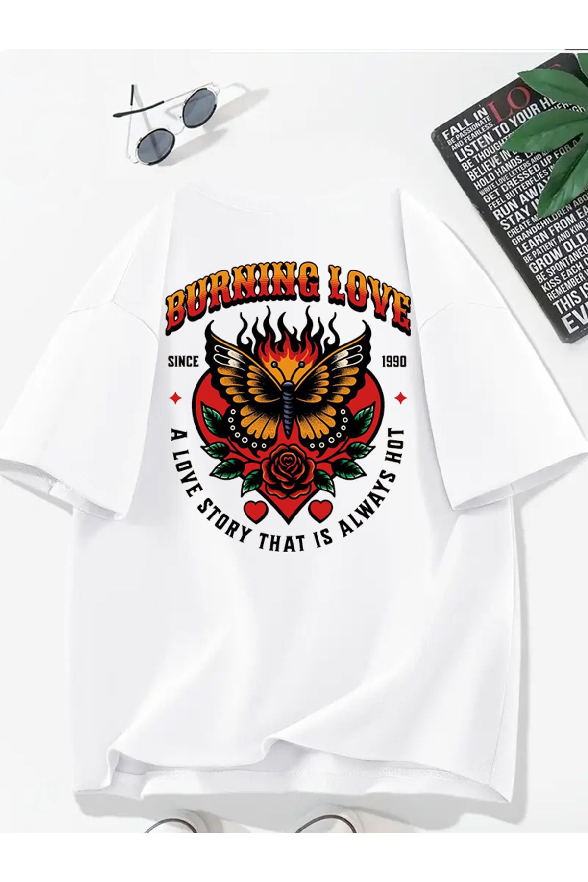 MODA Unisex Oversize Kalıp Burning Love Baskılı T-Shirt