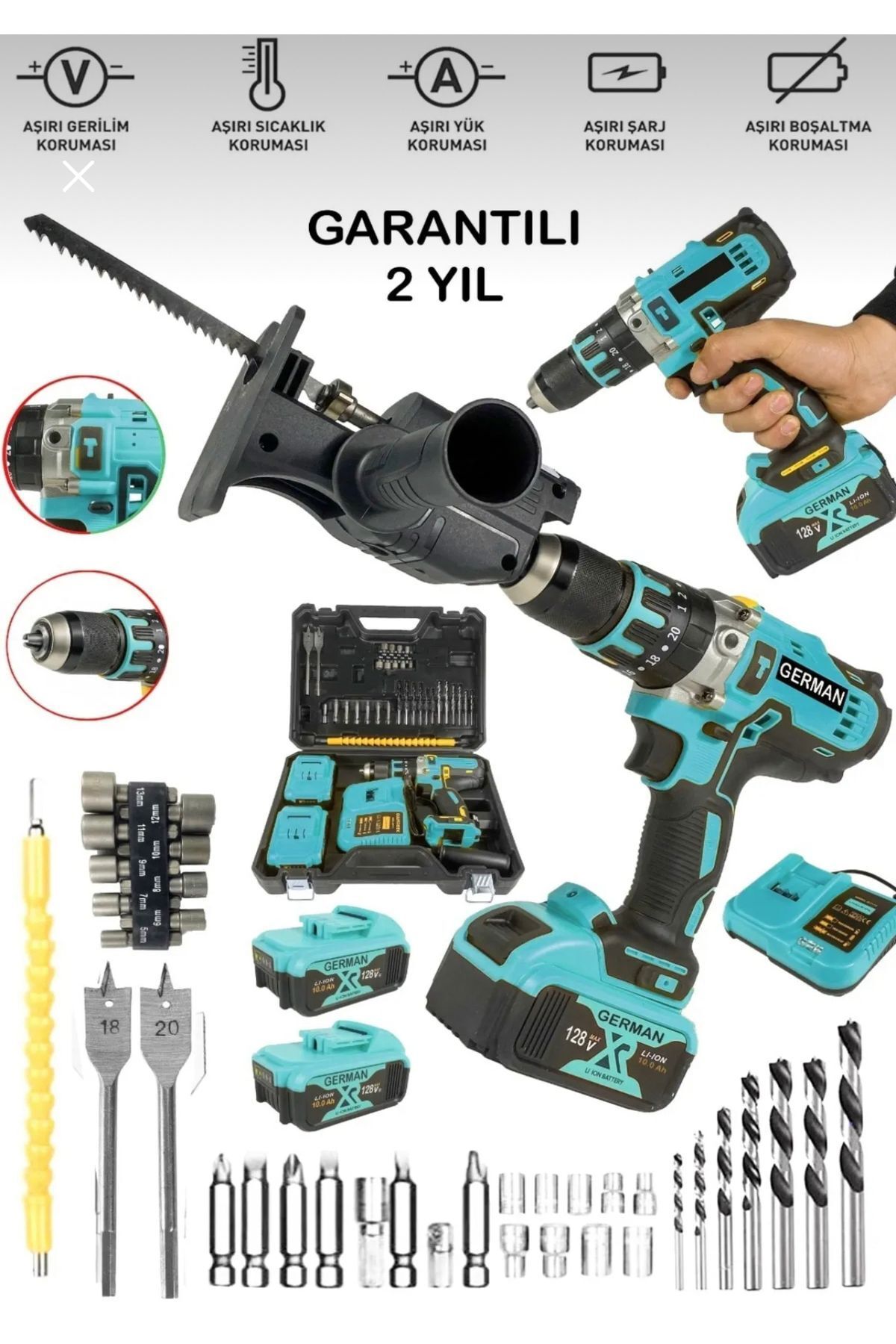 SerenityHaven 2'li Set 4890RP Bakır Sargı Darbeli Şarjlı Matkap Metal Şanzıman Vidalama Tilki Testere Aparat MAVİ