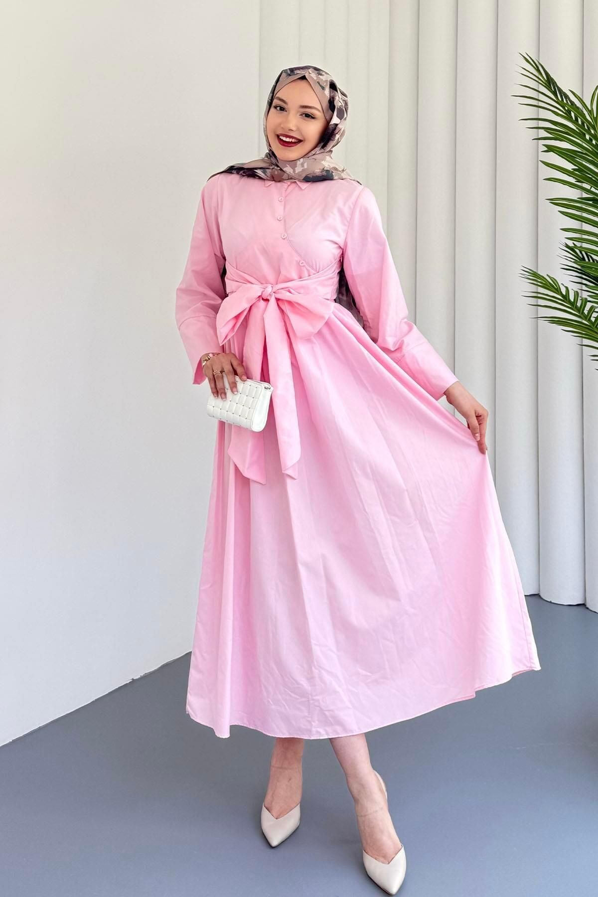 Modaensarbutik Çapraz Düğme Detaylı Bağlamalı Poplin Tesettür Elbise-PEMBE
