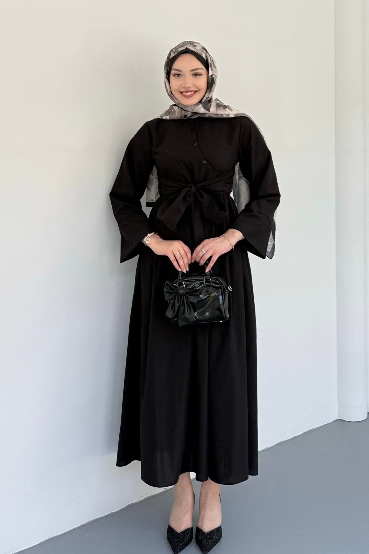 Modaensarbutik Çapraz Düğme Detaylı Bağlamalı Poplin Tesettür Elbise-SİYAH