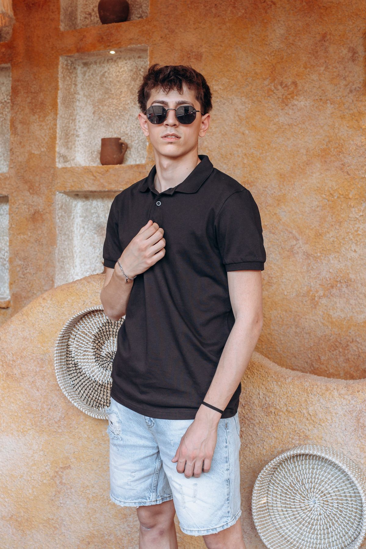 SUVİN Suvin Erkek Siyah Polo Yaka Slim Fit Düz Tişört - Basic Günlük Yazlık
