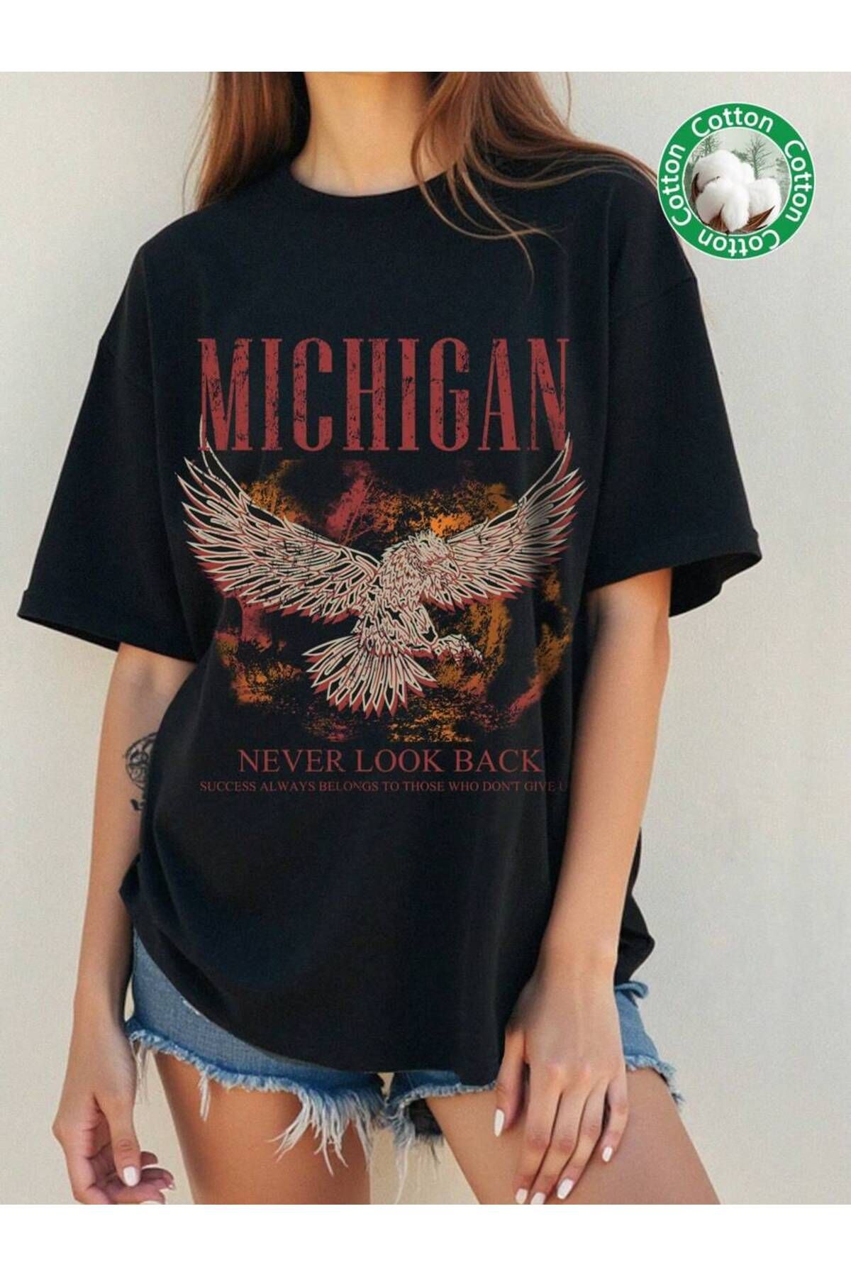 ELNOYA Unisex Pamuklu Siyah Oversize "Michigan" Baskılı Rahat Günlük T-shirt