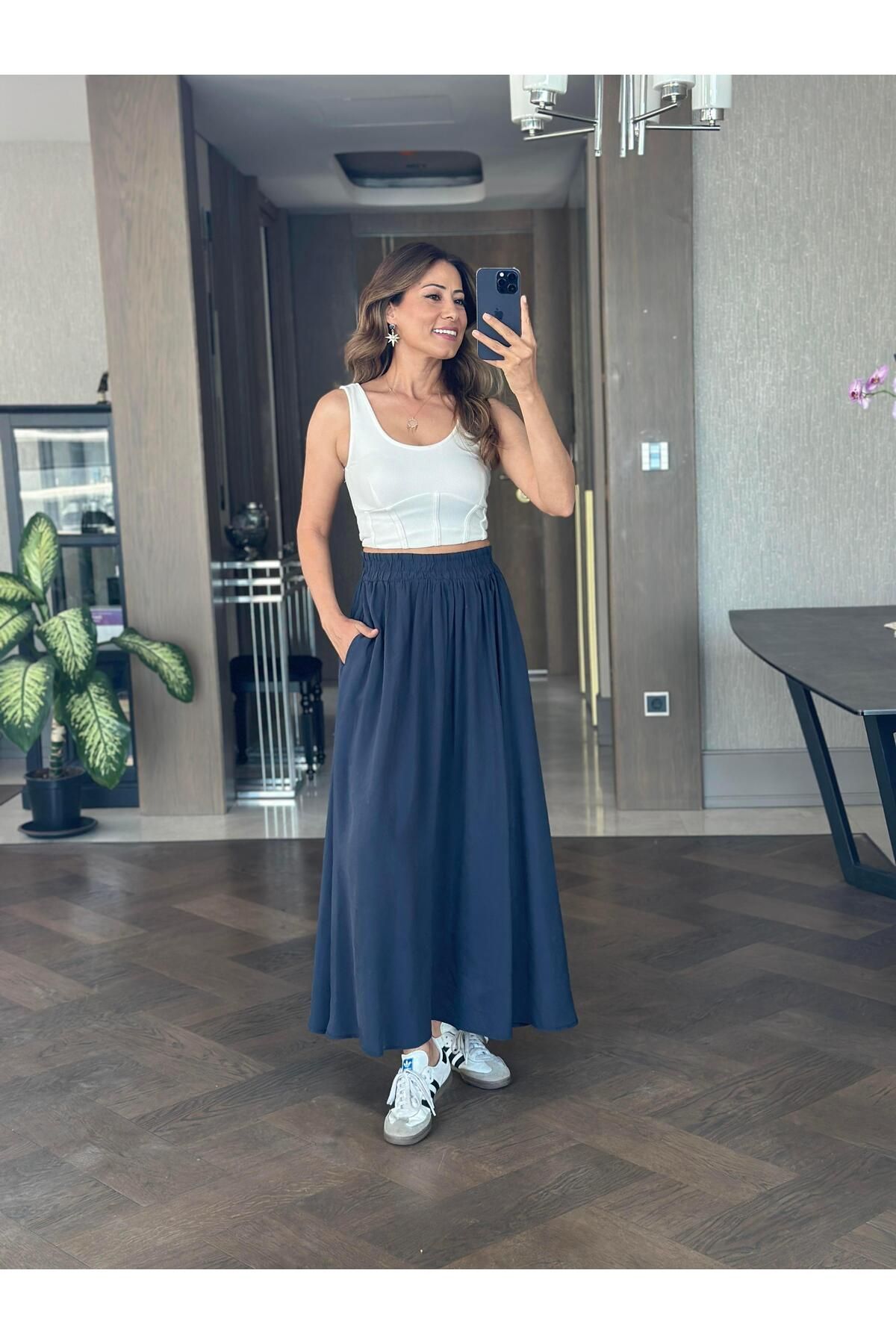 Forlady Butik Lacivert Tnsl Kumaş Beli Lastikli Cepli Kadın Midi Boy Etek