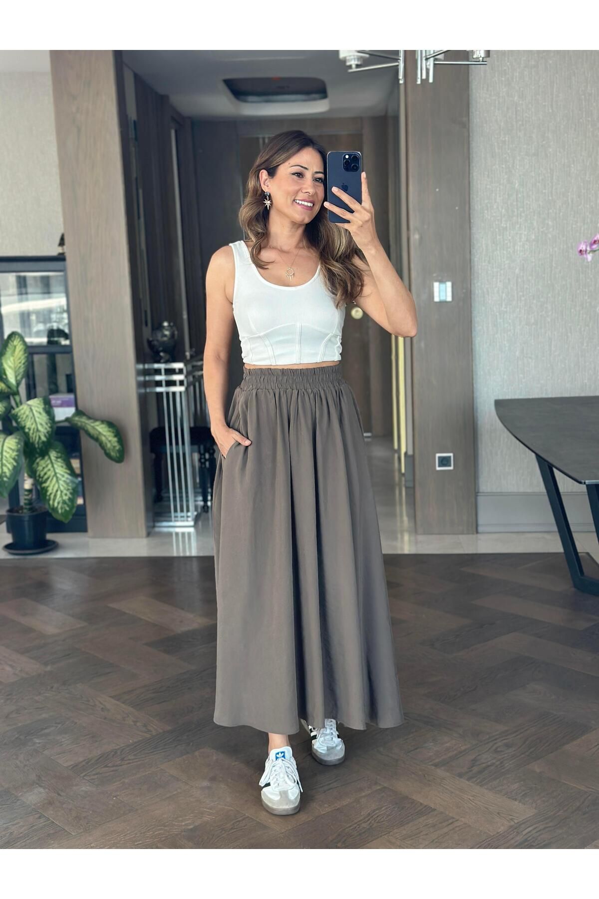 Forlady Butik Haki Tnsl Kumaş Beli Lastikli Cepli Kadın Midi Boy Etek