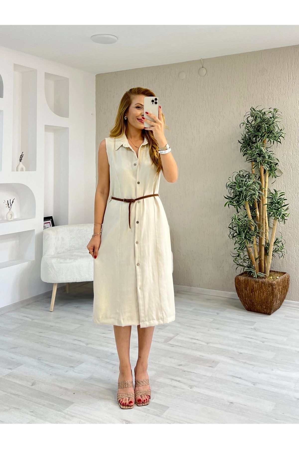 İrka Moda Kemerli Polo Yaka Viskon Keten Elbise Krem