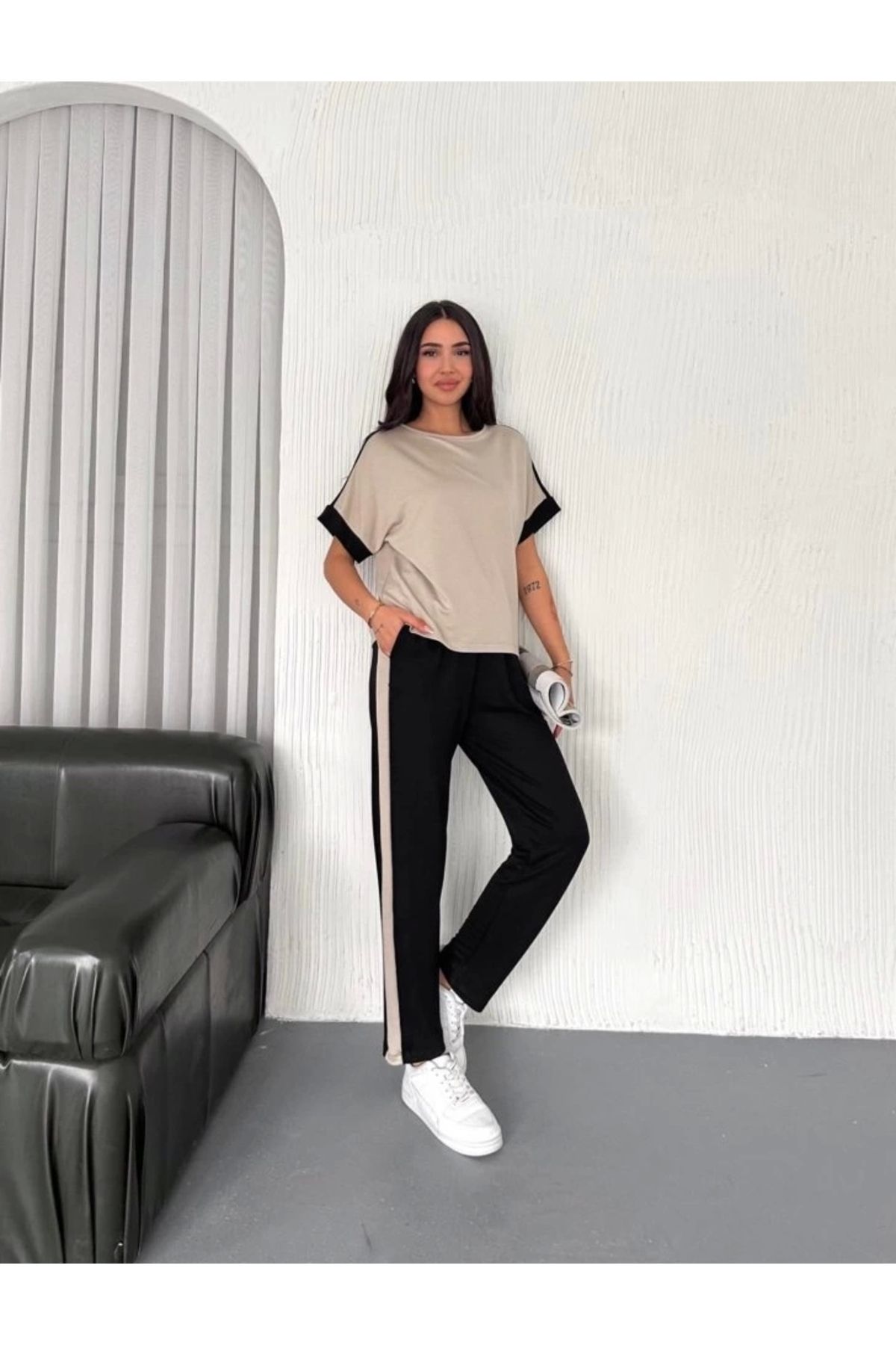 Butik Kadın Modal Dokulu Kumaş Yanı şeritli Takım
