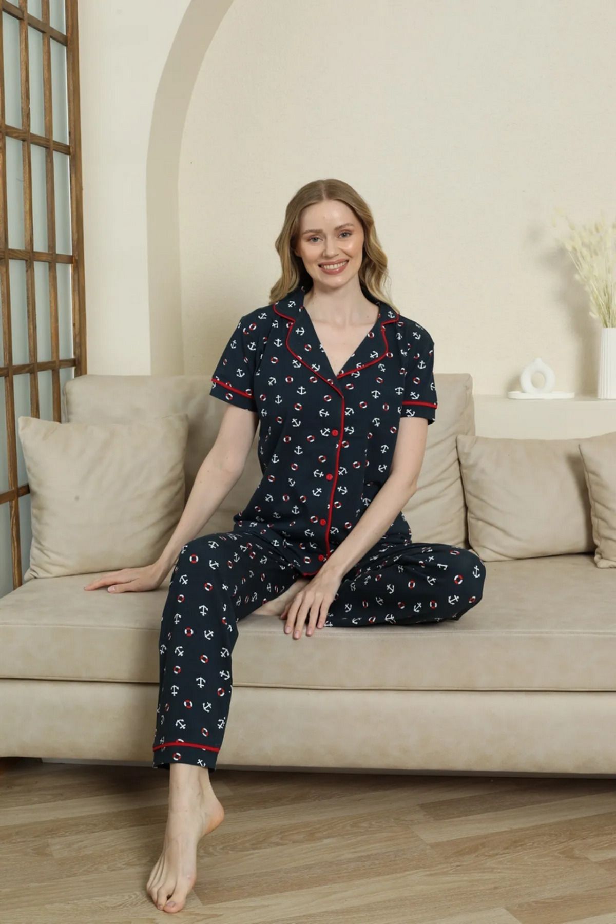 Reyhanlar Kadın Pamuklu Penye Kalp Detay Kısa Kol Önden Düğmeli Ev Giyimi Pijama Takımı Kırmızı