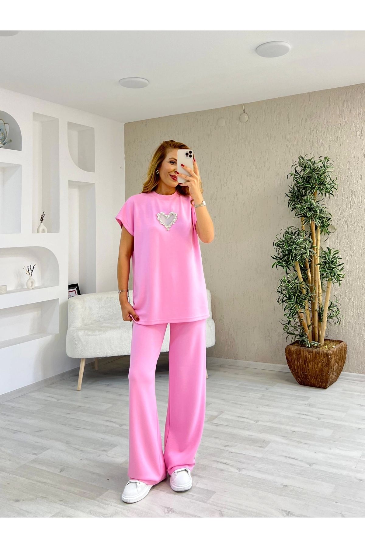 İrka Moda Modal Kumaş Aksesuar Detay Şeritli Takım Pembe