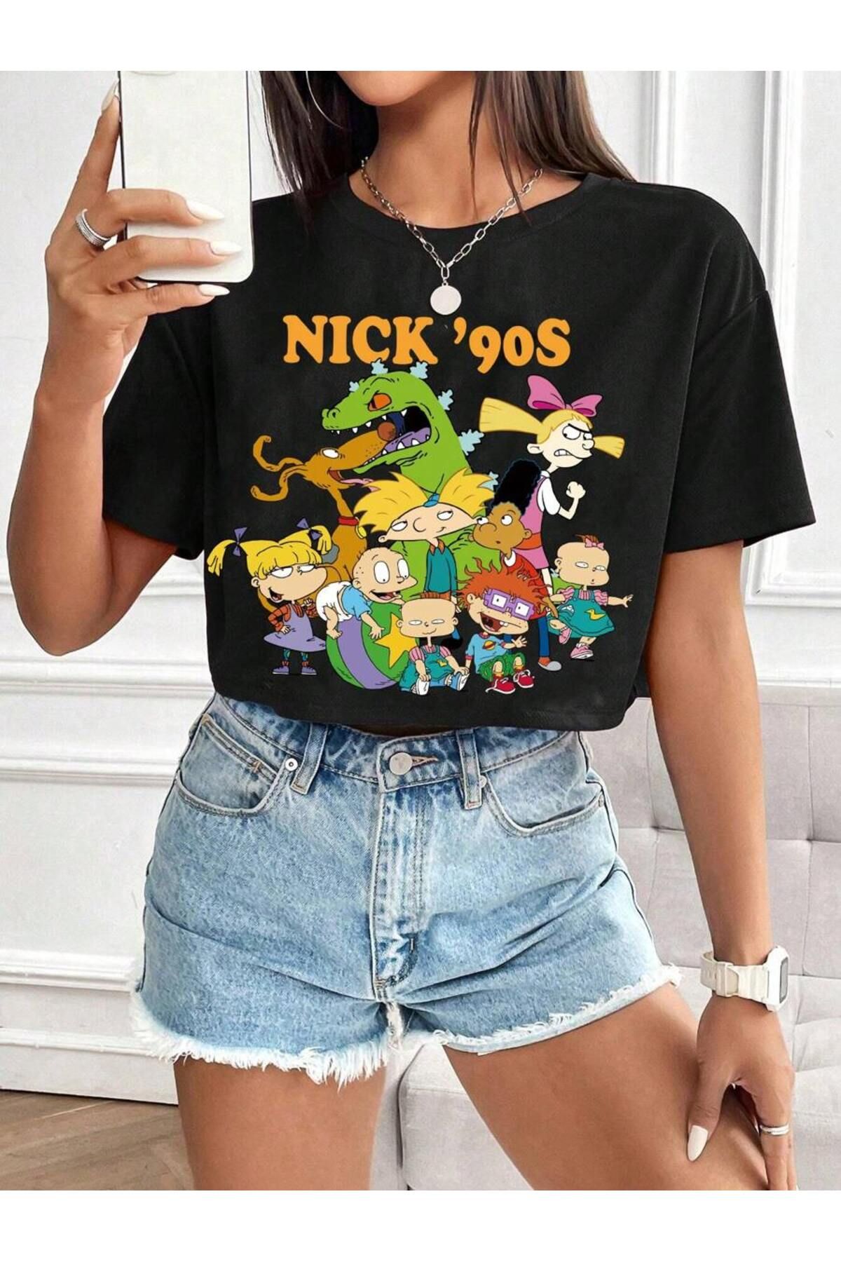 ELNOYA Unisex Pamuklu Siyah Oversize "Nick 90S" Baskılı Rahat Günlük T-shirt