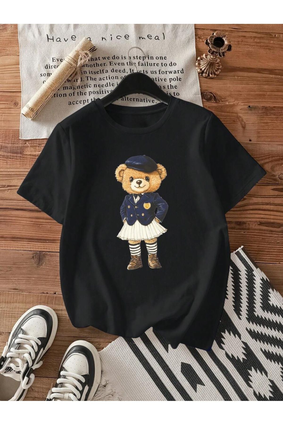 ELNOYA Unisex Pamuklu Siyah Oversize "Ayıcık" Baskılı Rahat Günlük   Büyük Beden T-shirt