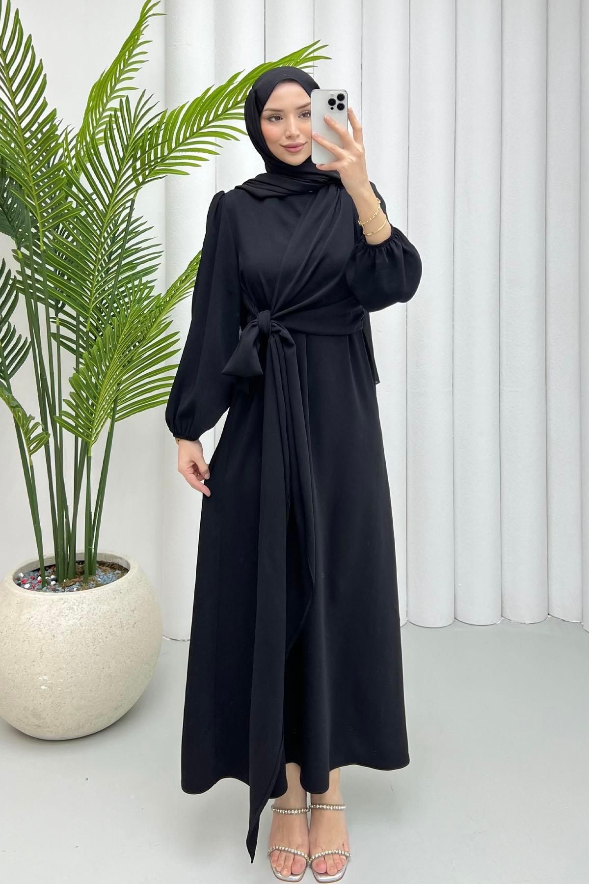 Modaensarbutik Şal Yaka Twil Tesettür Elbise-SİYAH