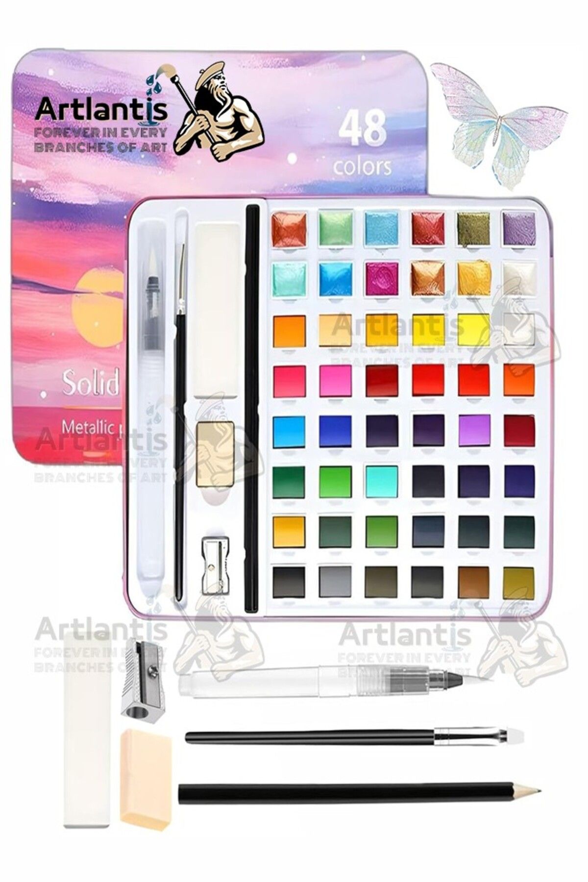 Artlantis Tablet Sulu Boya 48 Renk Teneke Kutu 1 Paket 48 li Taş Sulu Boya Çıkarılabilir Tablet Suluboya Resim