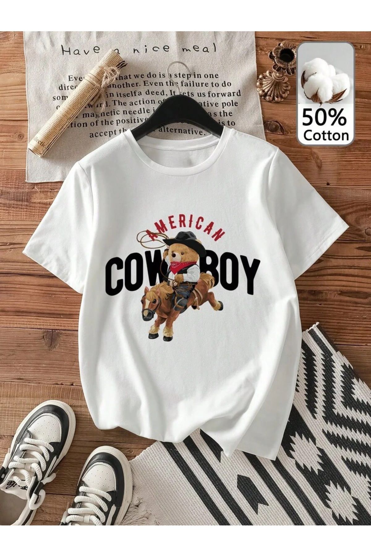 ELNOYA Unisex Beyaz Pamuklu Oversize Tişört "Cow Boy" Baskılı Rahat Günlük T-shirt