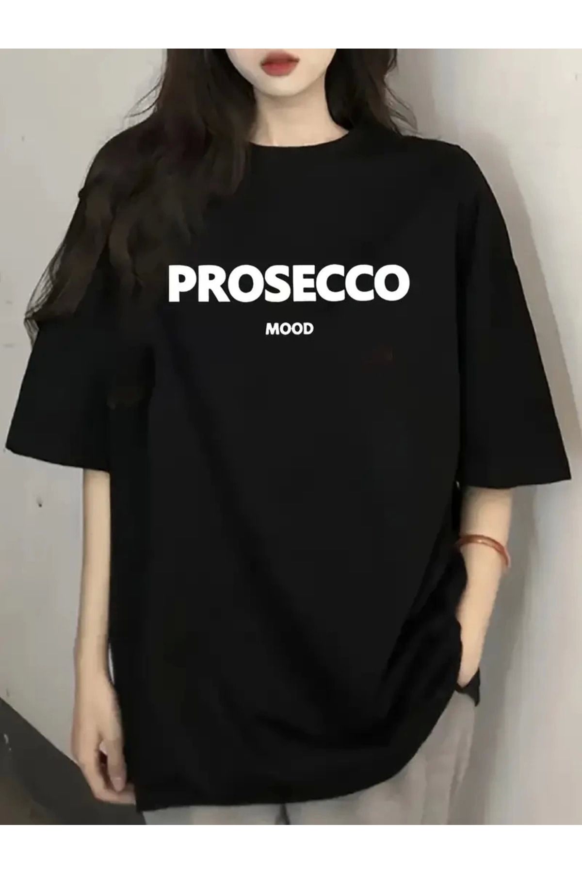 Vemora 20/1 Penye Compack Baskılı Oversize Kısa Kol Bisiklet Yaka T-shirt - Siyah