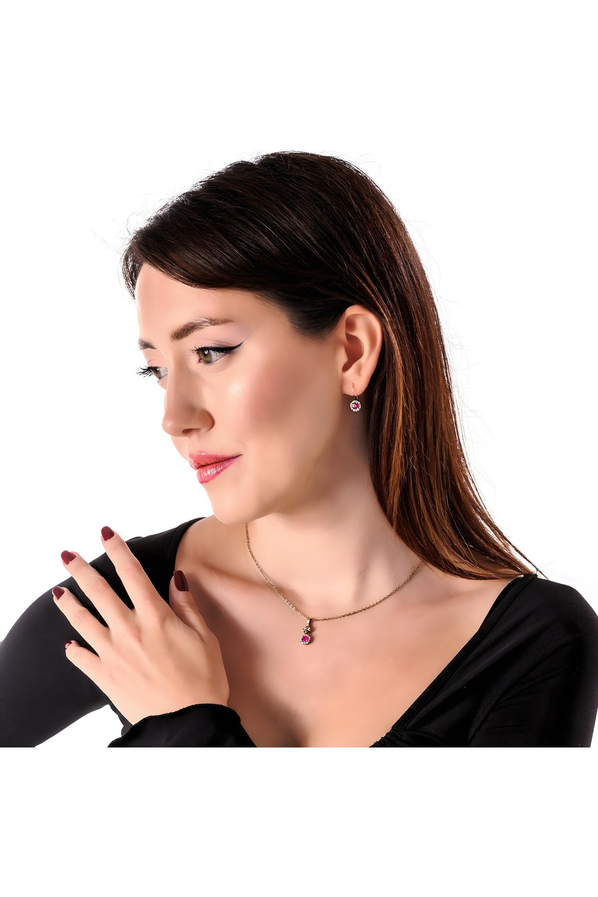 Atelier LEO Handmade Jewellery ZAMANSIZ PIRILTI KIRMIZI TAKIM BAKIR EL YAPIMI KRİSTAL TAŞLI KARARMA YAPMAZ KADIN TAKI SETİ