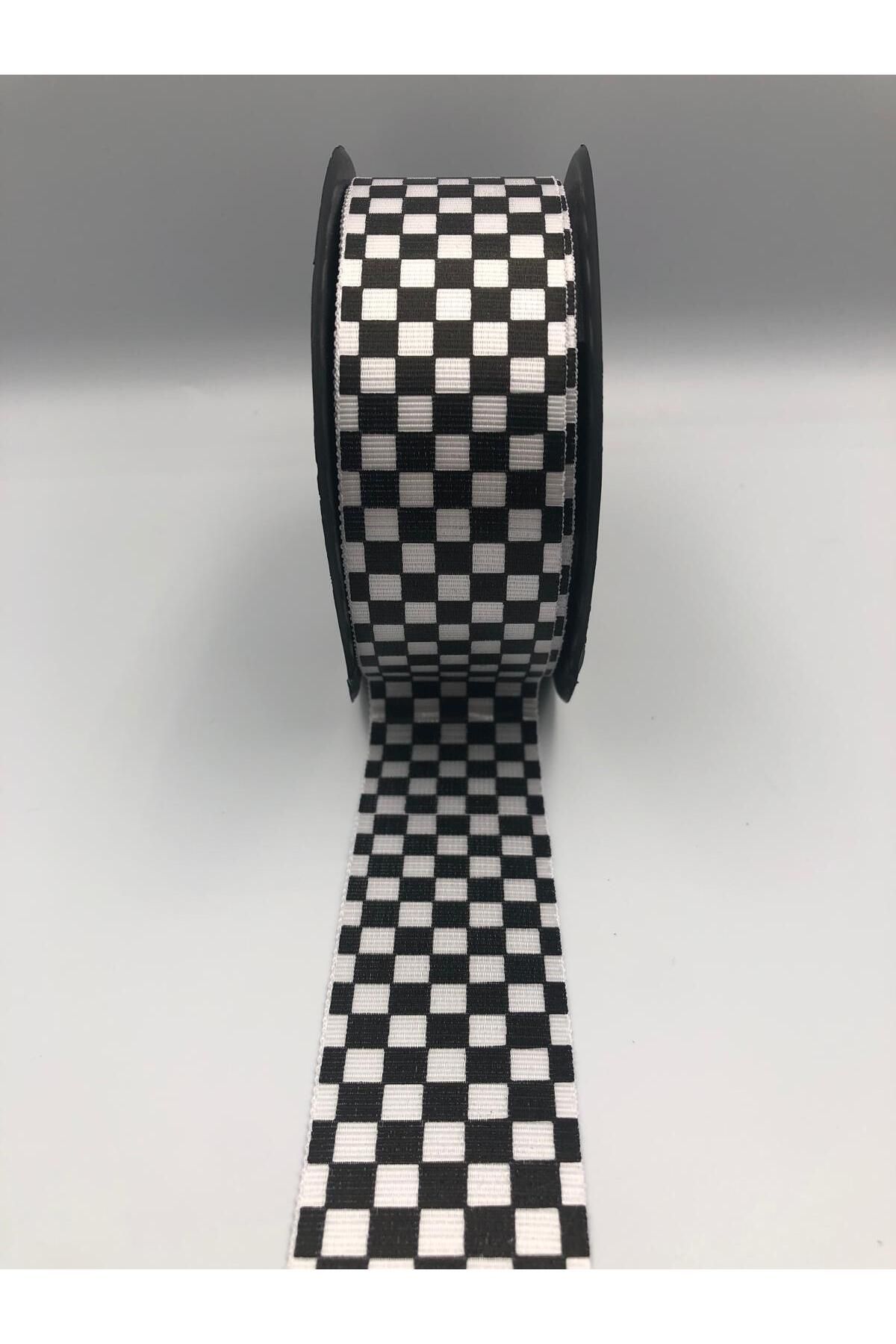 DUCK HOBY Dama Desen/ekose Siyah Beyaz Kurdele (3.5 cm Genişlik - 5mt Uzunluk)