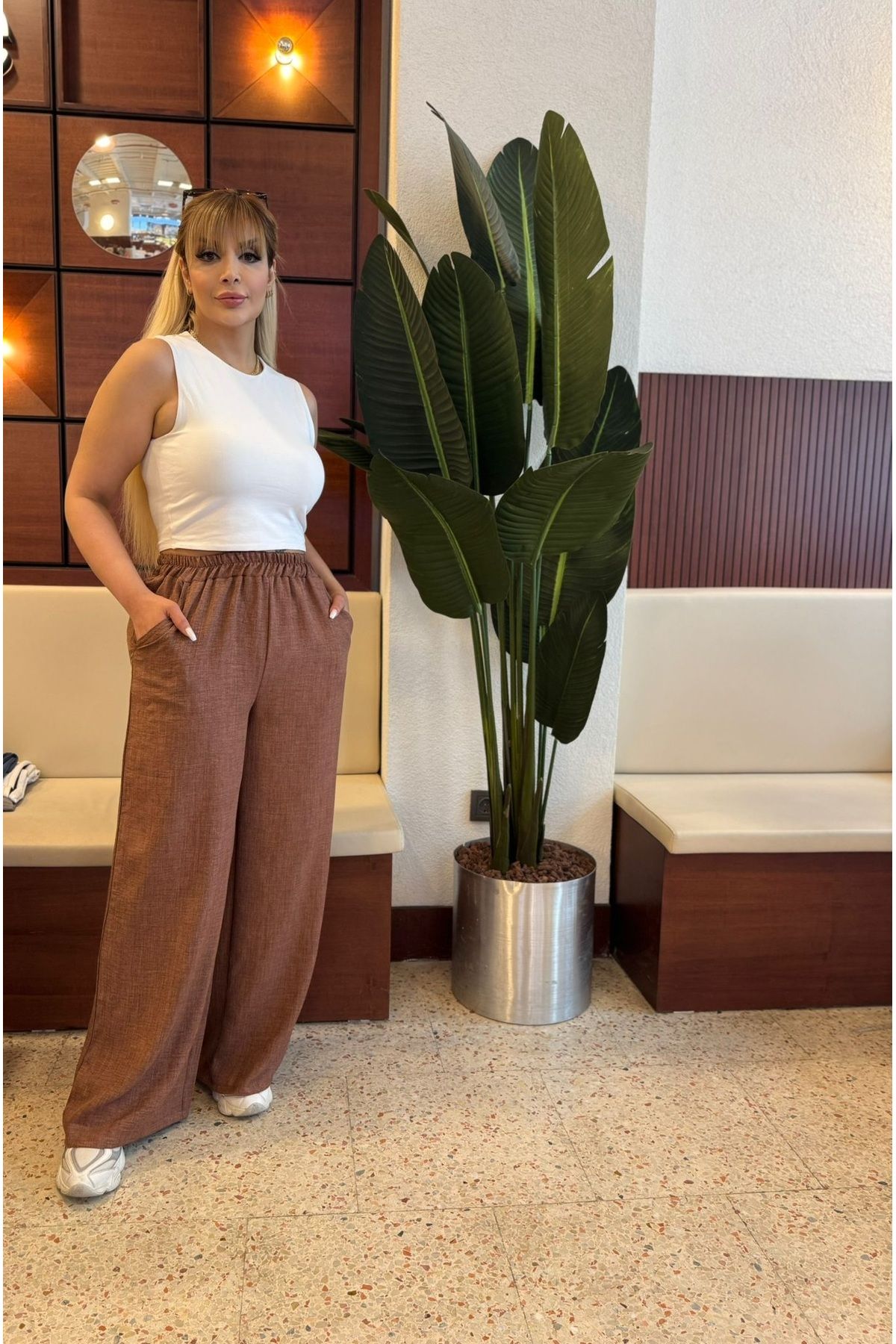 Butik Nilyam-Women's Plus Size Sofia Linen Casual Trousers with Elastic Waist and Pockets 21070 6