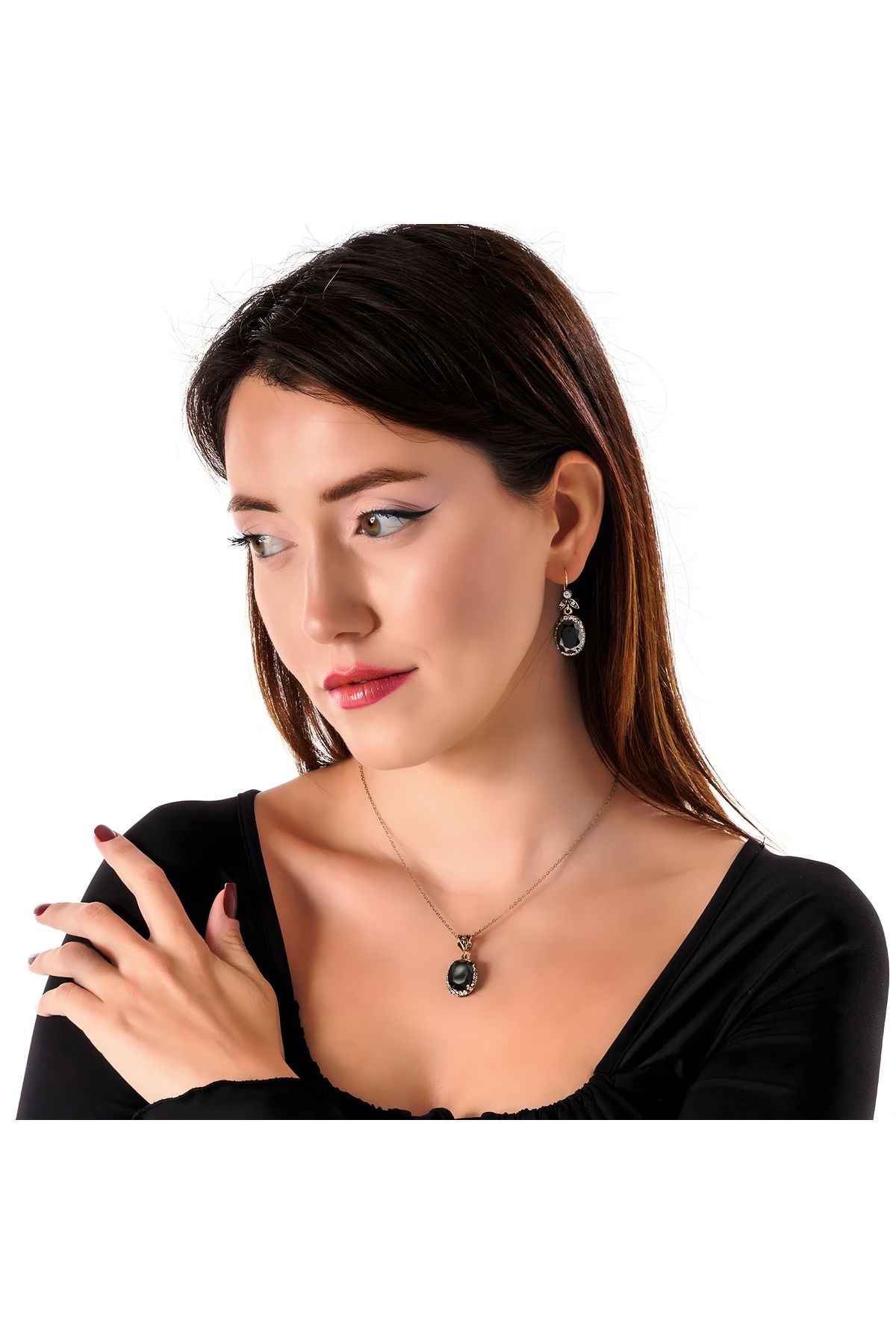 Atelier LEO Handmade Jewellery KÖSEM SULTAN SİYAH KÜPE KOLYE TAKIM BAKIR EL YAPIMI ZİRKON TAŞLI KARARMA YAPMAZ KADIN TAKI SETİ