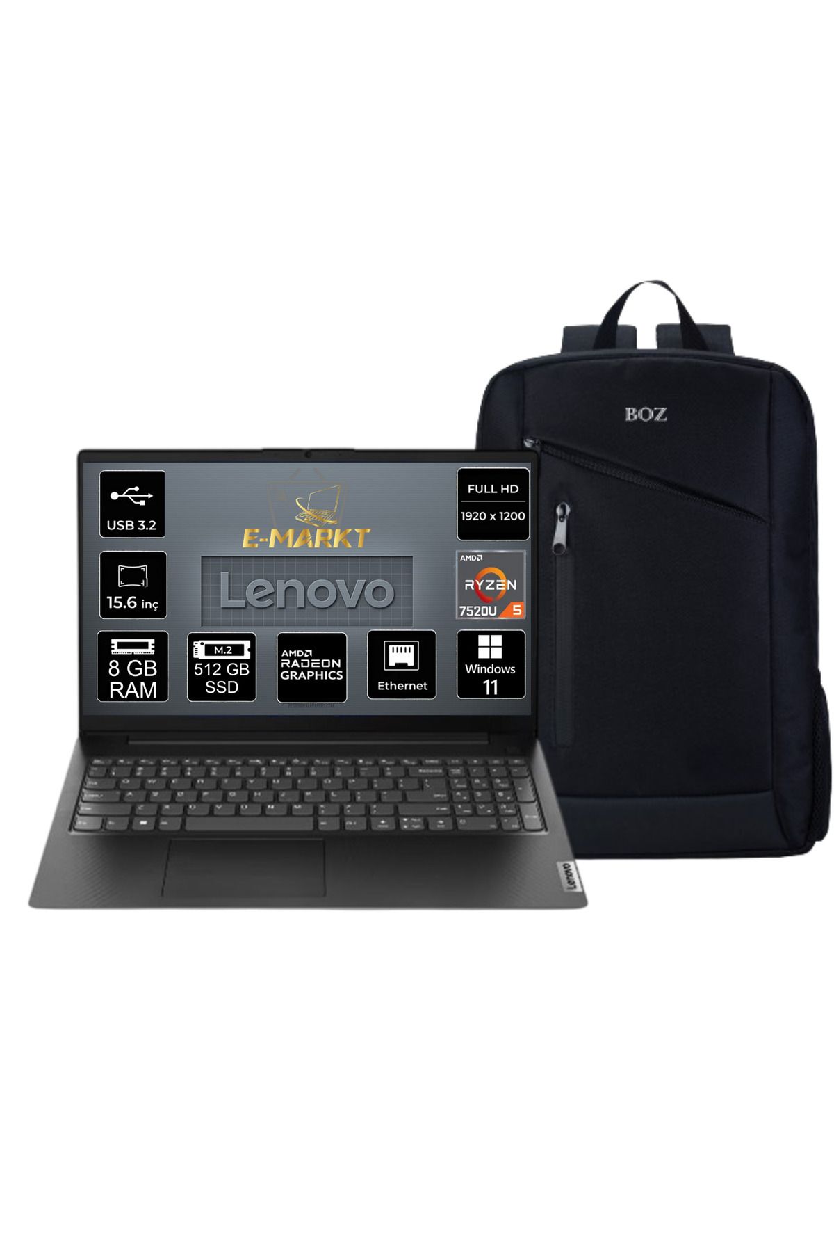 LENOVO V15 82yu0122tx R5-7520u 8GB 512GB Ssd 15.6" W11 + Boz Çanta Hediyeli