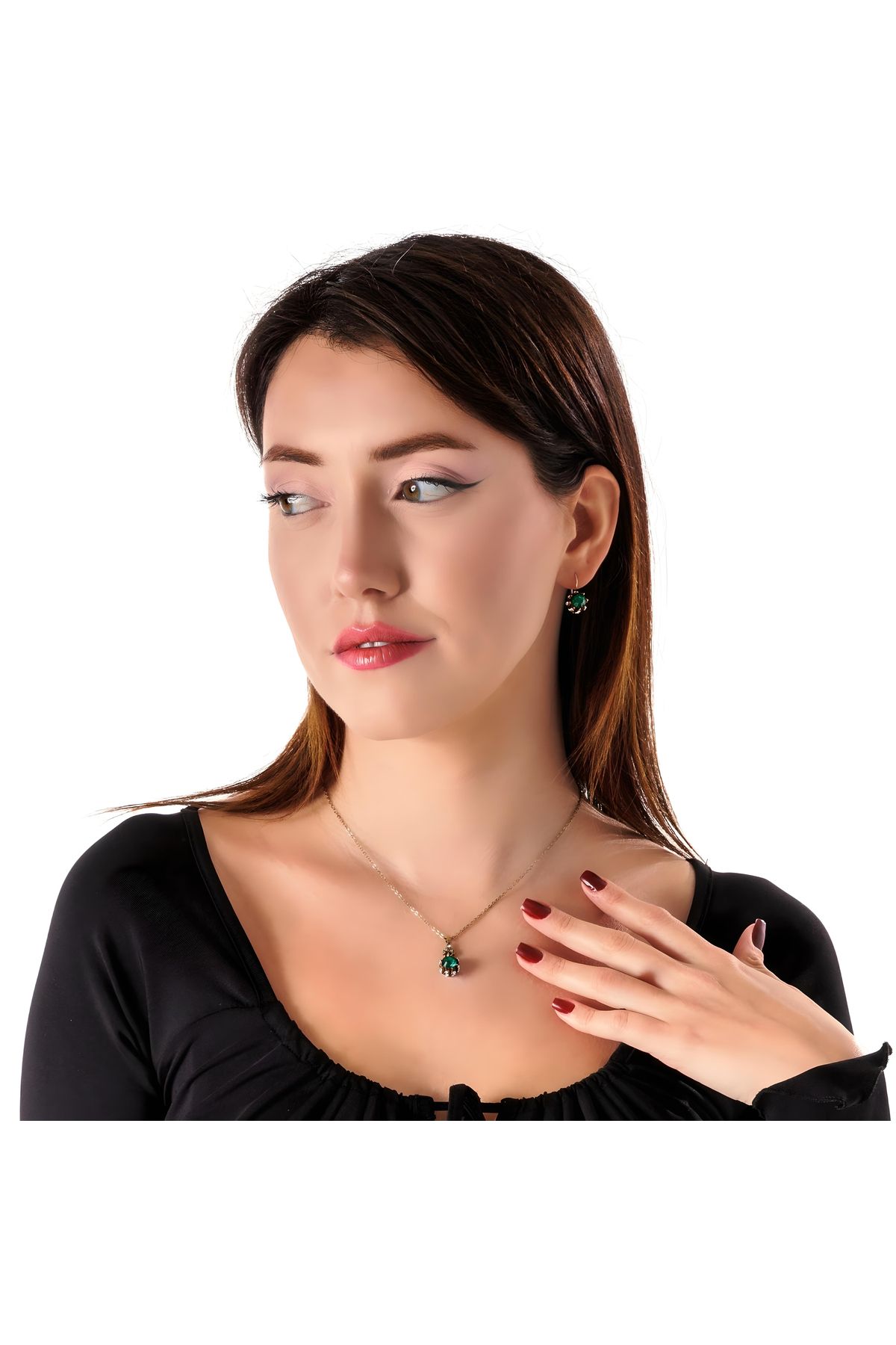 Atelier LEO Handmade Jewellery KAZ AYAĞI CAM YEŞİL KÜPE KOLYE TAKIM BAKIR EL YAPIMI KRİSTAL TAŞLI KARARMA YAPMAZ KADIN TAKI SETİ