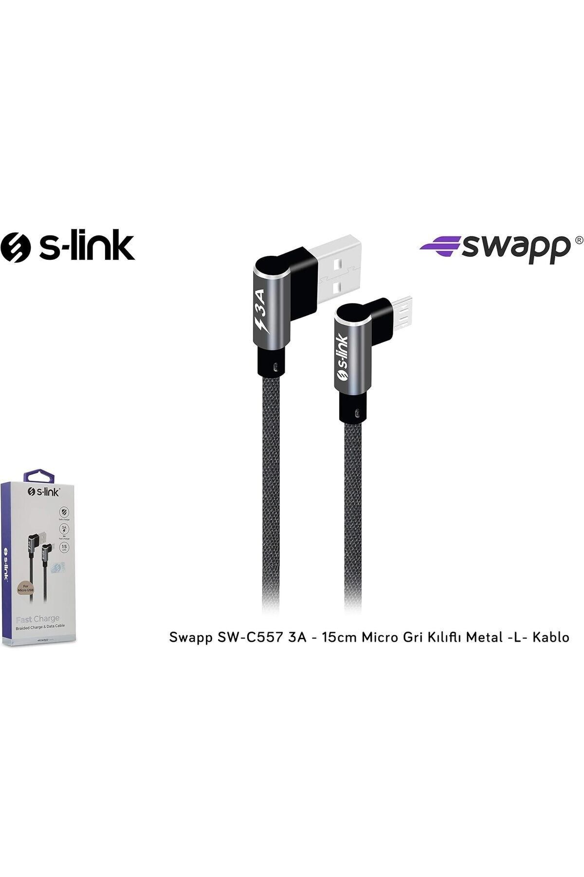 Ygs S-link Swapp SW-C557 3A - 15cm Micro Gri Kılıflı Metal -L- Kablo