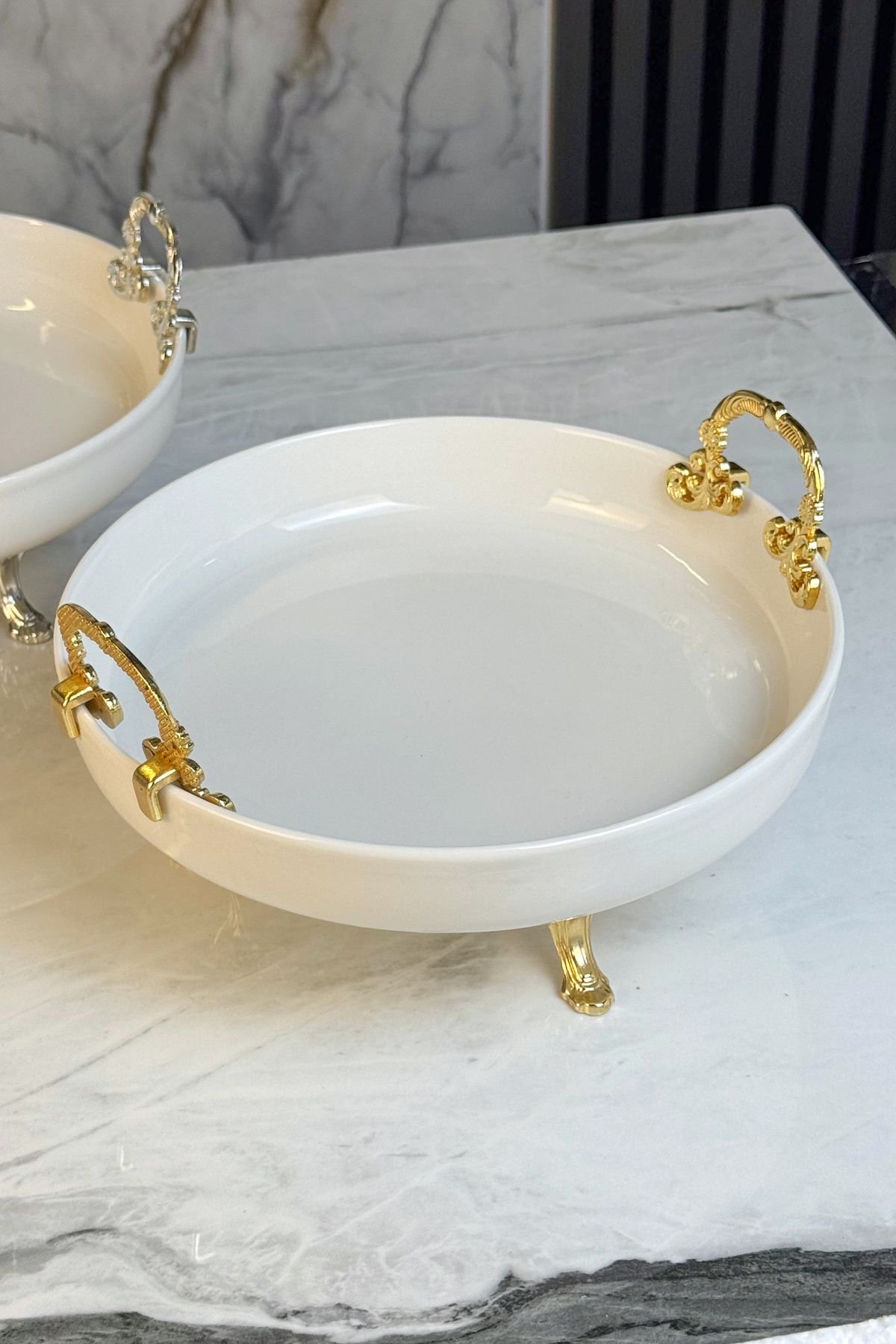 MAY HOME Metal Ayaklı Kulplu Porselen Kase & Salata Meyve Meze Sunumluğu