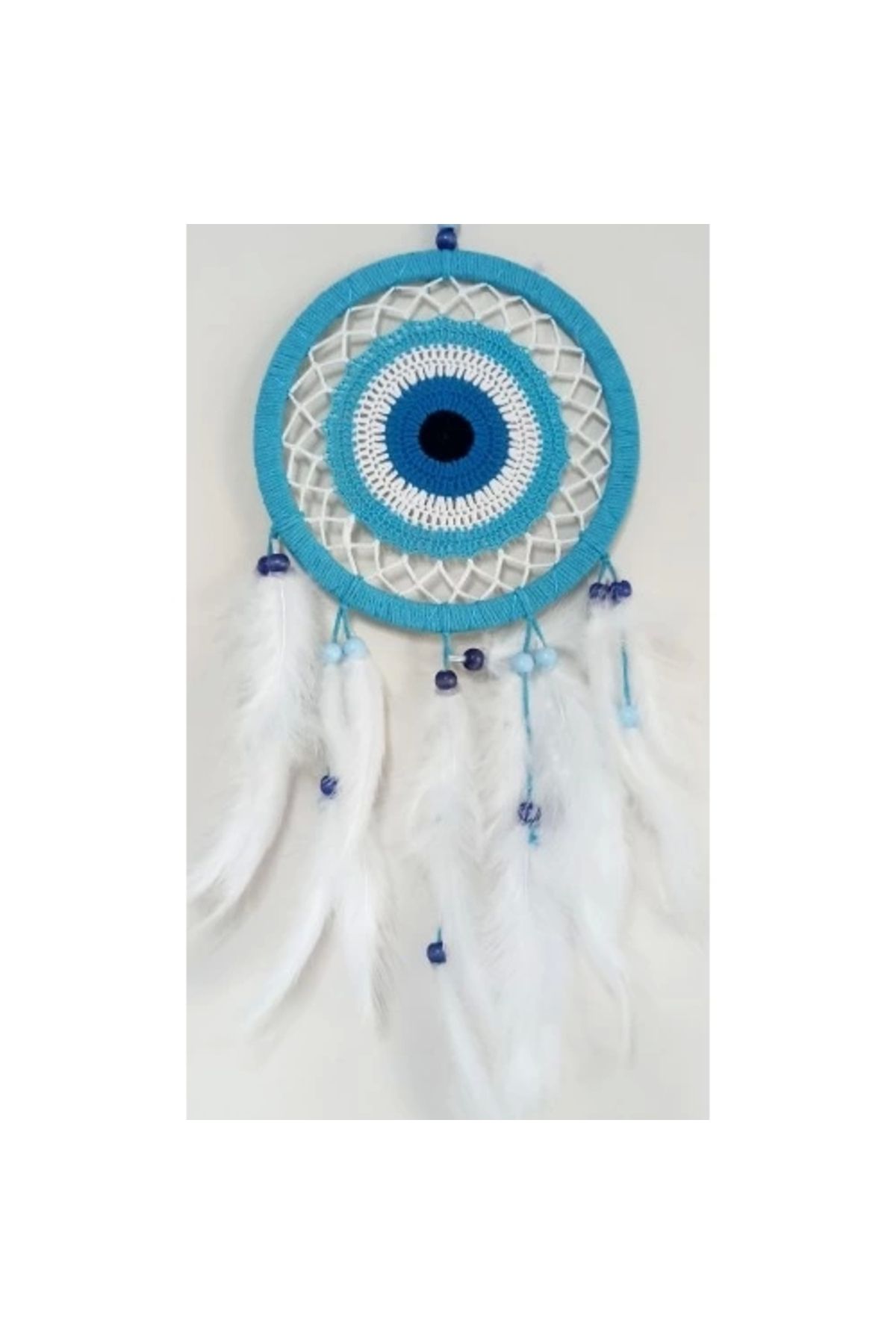 Lenaca Nazar Boncuğu Motifli Turkuaz Rengi Dream Catcher Beyaz Kuş Tüylü Düş Kapanı Duvar Süsü
