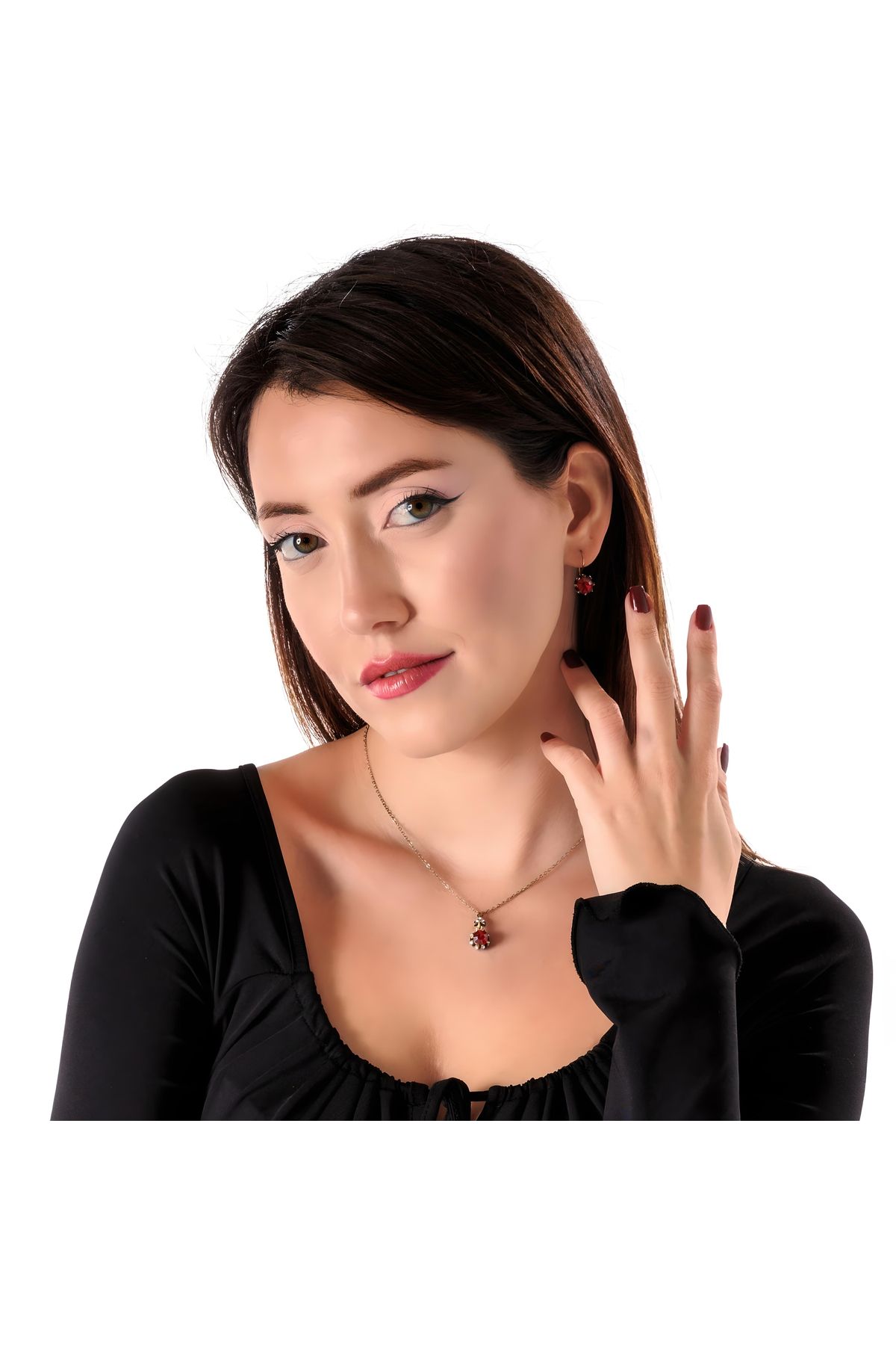 Atelier LEO Handmade Jewellery KAZ AYAĞI CAM BORDO KÜPE KOLYE TAKIM BAKIR EL YAPIMI KRİSTAL TAŞLI KARARMA YAPMAZ KADIN TAKI SETİ
