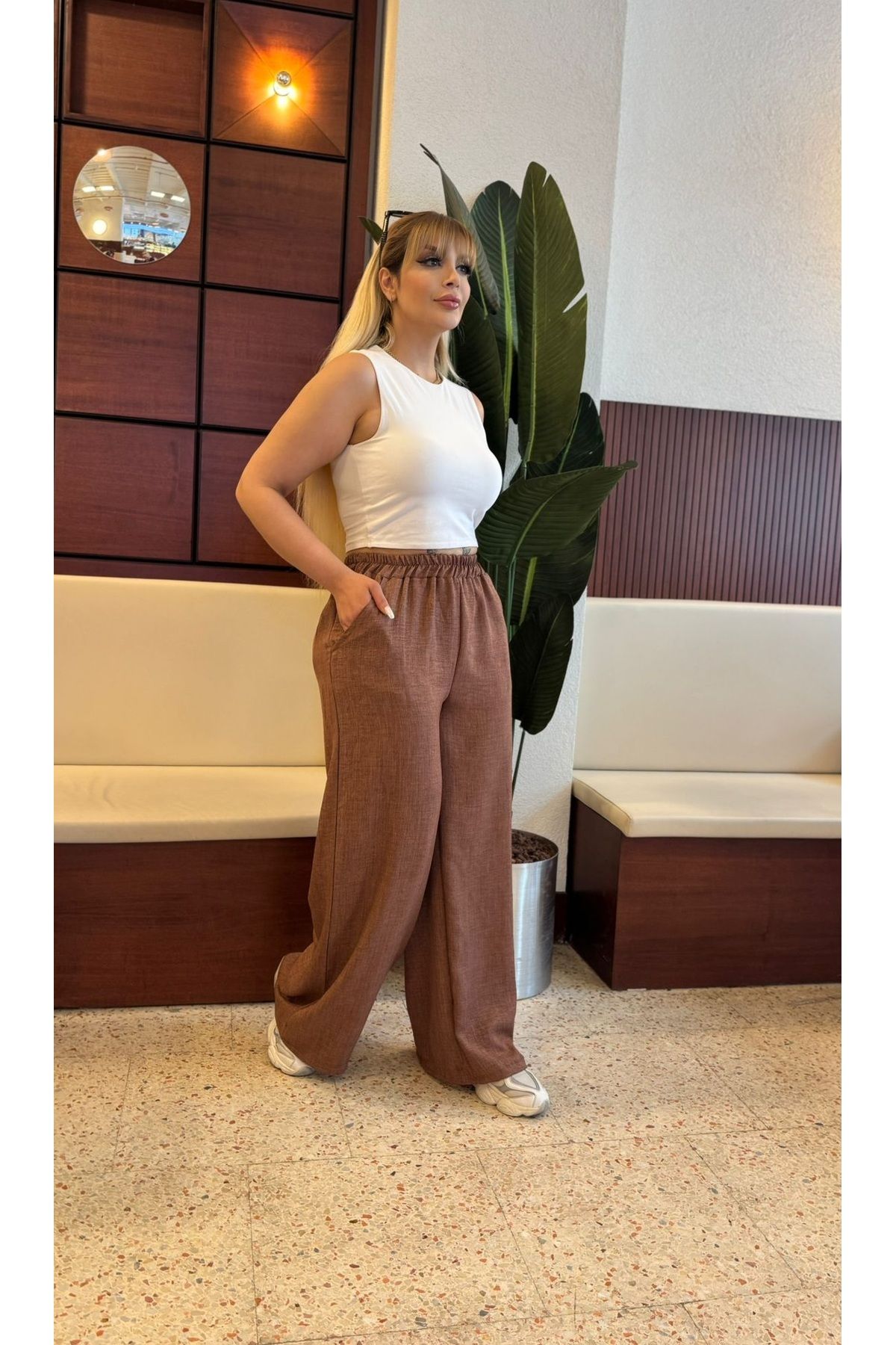Butik Nilyam-Women's Plus Size Sofia Linen Casual Trousers with Elastic Waist and Pockets 21070 3