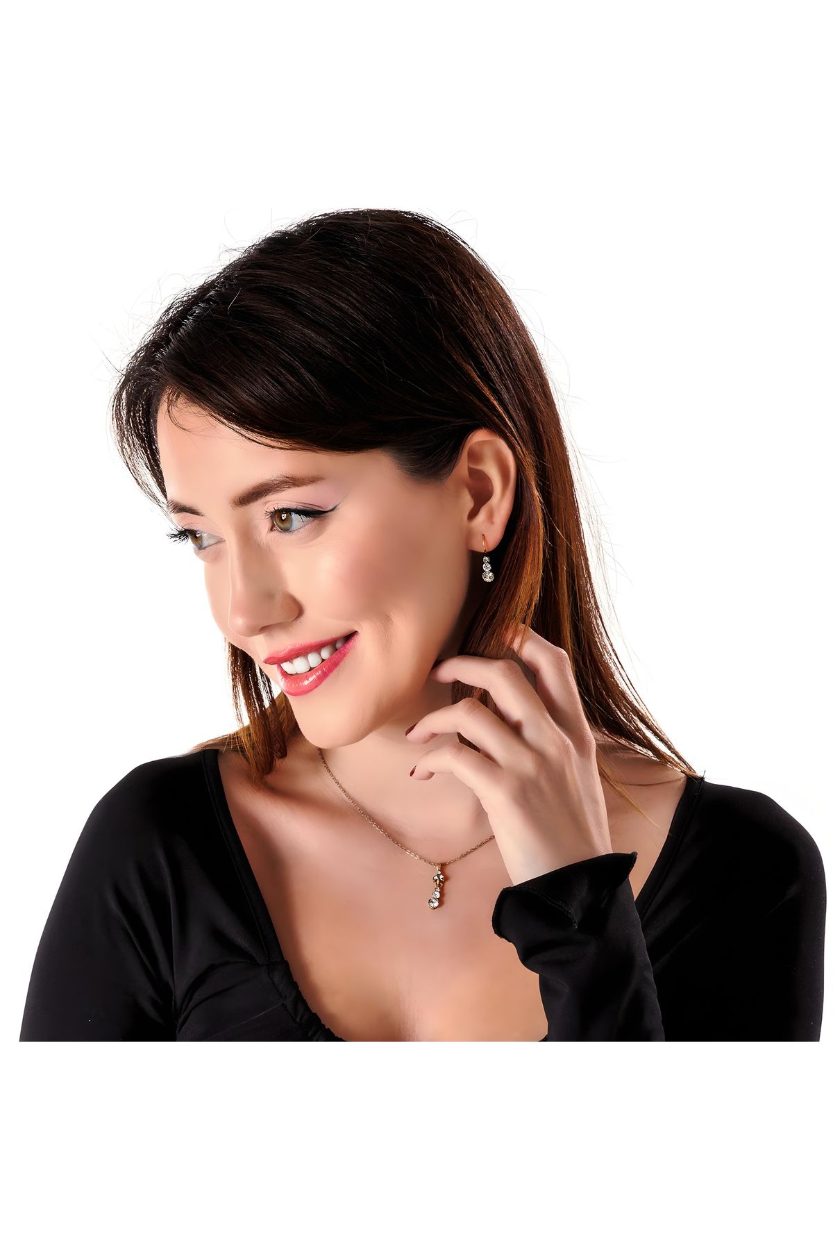 Atelier LEO Handmade Jewellery TRİA HARMONİSİ KÜPE KOLYE TAKIM BAKIR EL YAPIMI KRİSTAL TAŞLI KARARMA YAPMAZ KADIN TAKI SETİ